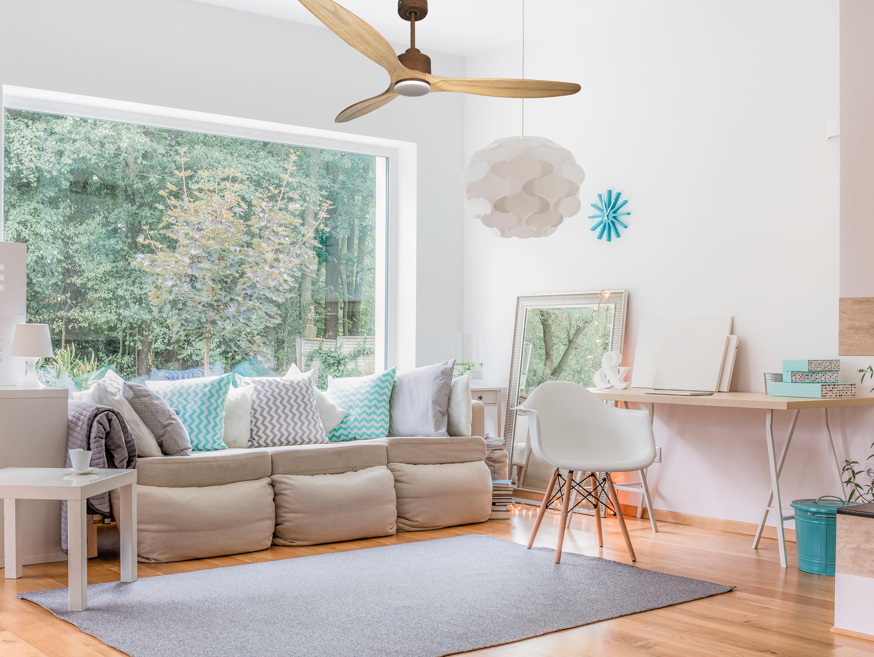 Ventilatore da soffitto Reversibile Termostato Dimmabile Wifi Motore CC Tetti inclinati Telecomando Luce a tre toni Hypersilence Memoria