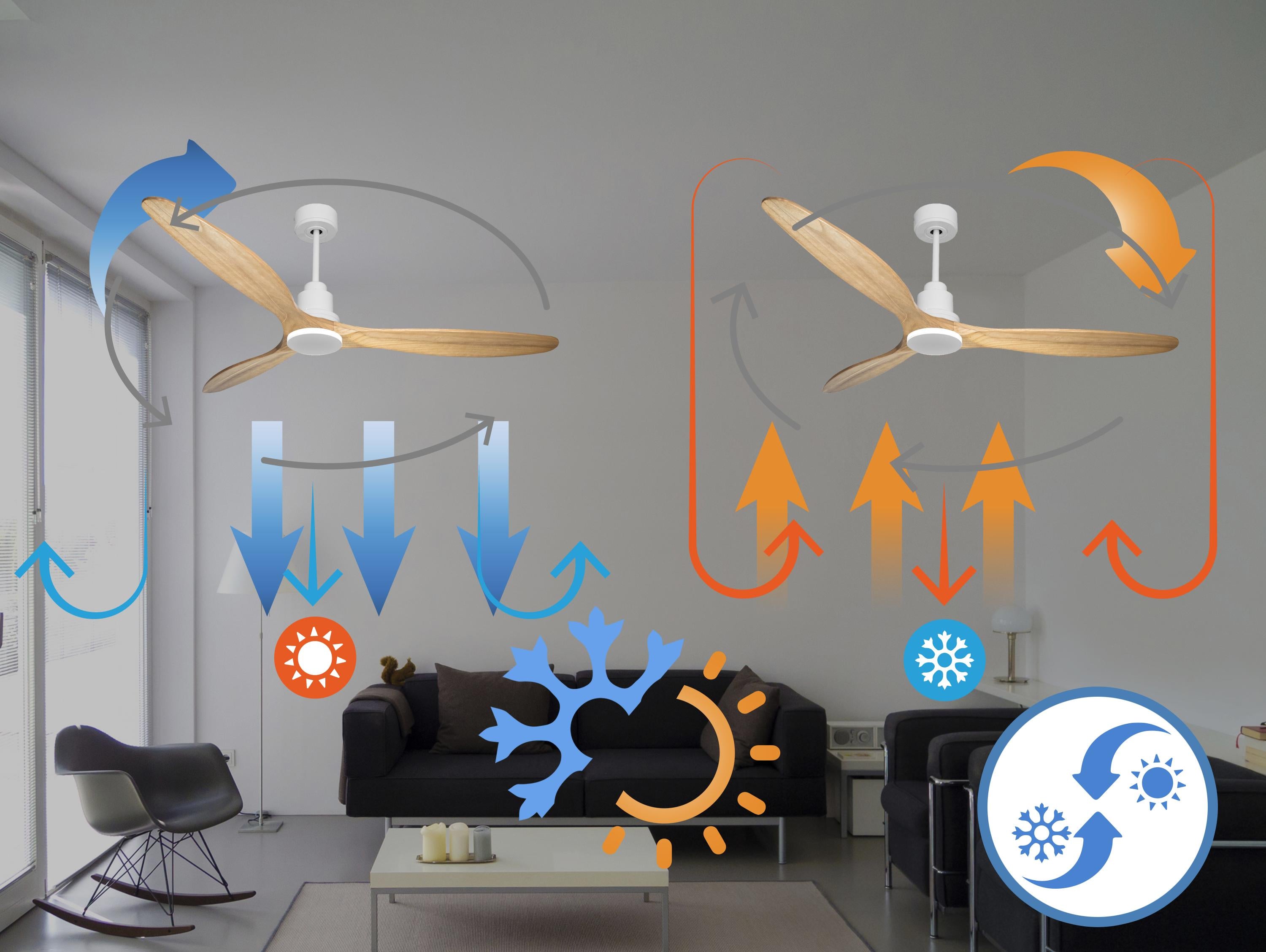 Ventilatore da soffitto Reversibile Termostato Wifi Motore CC Tetti inclinati Telecomando Hypersilence Memoria