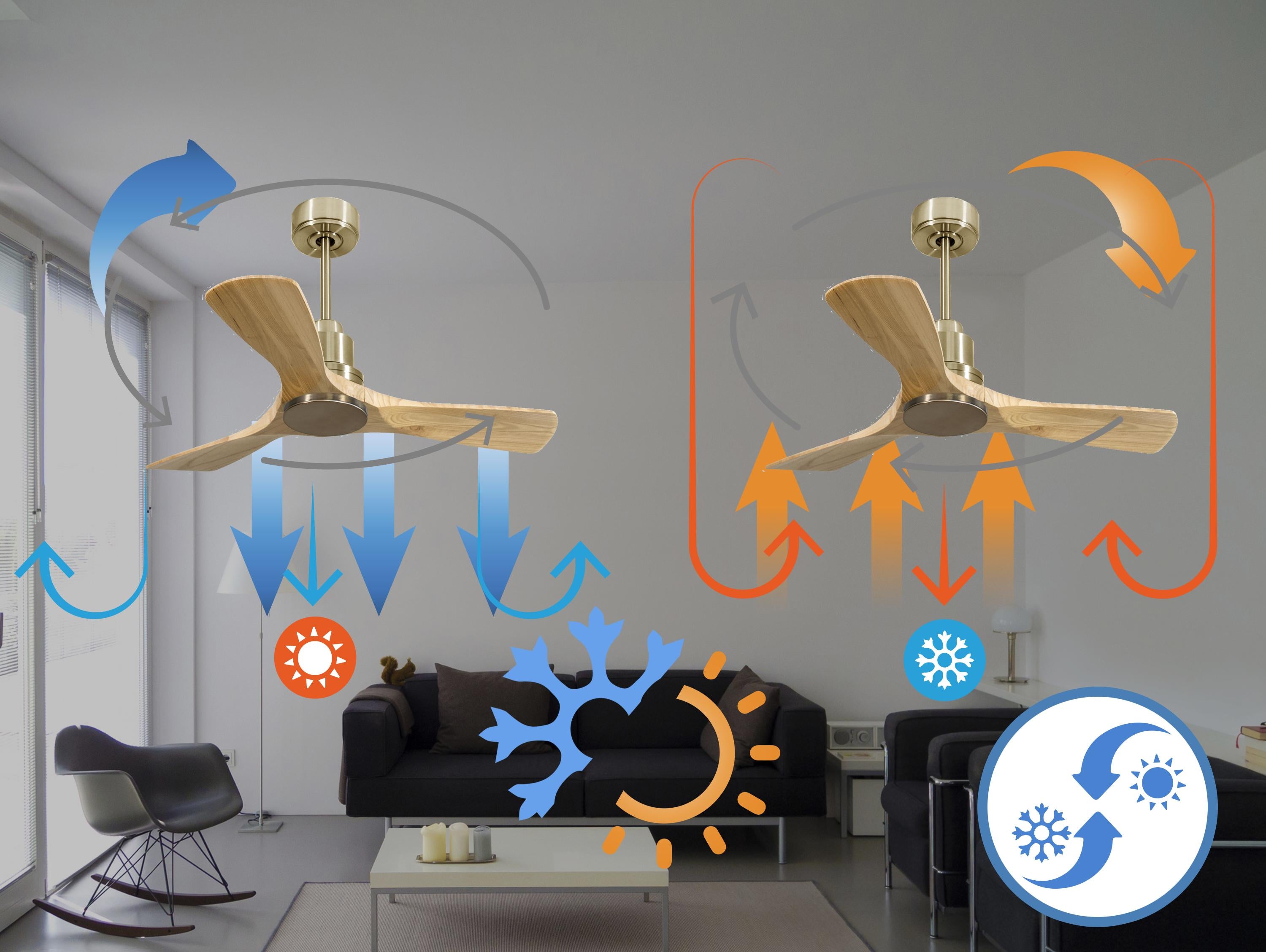 Ventilatore da soffitto Reversibile Termostato Wifi Motore CC Tetti inclinati Telecomando Hypersilence Memoria