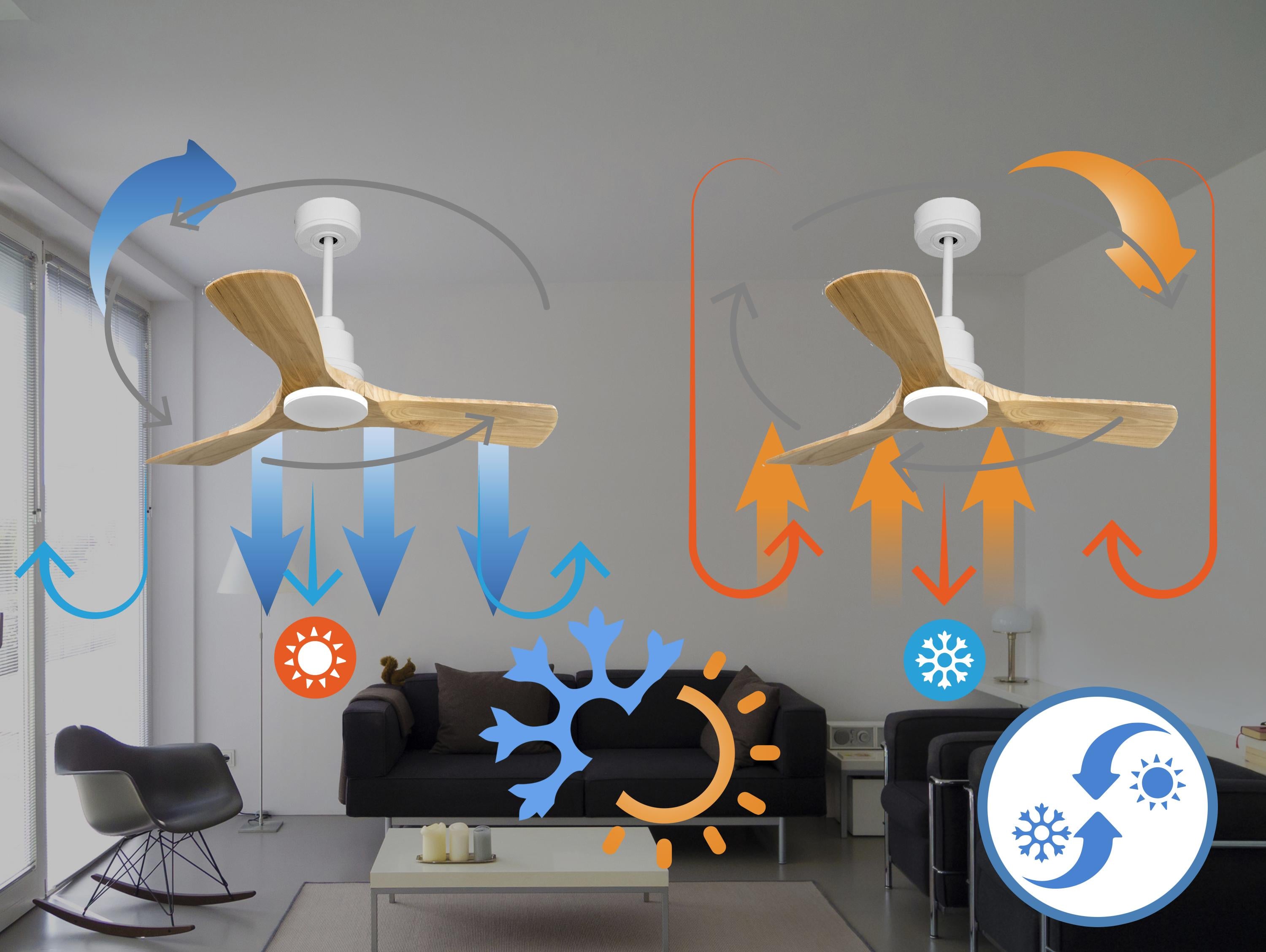 Ventilatore da soffitto Reversibile Termostato Wifi Motore CC Tetti inclinati Telecomando Hypersilence Memoria