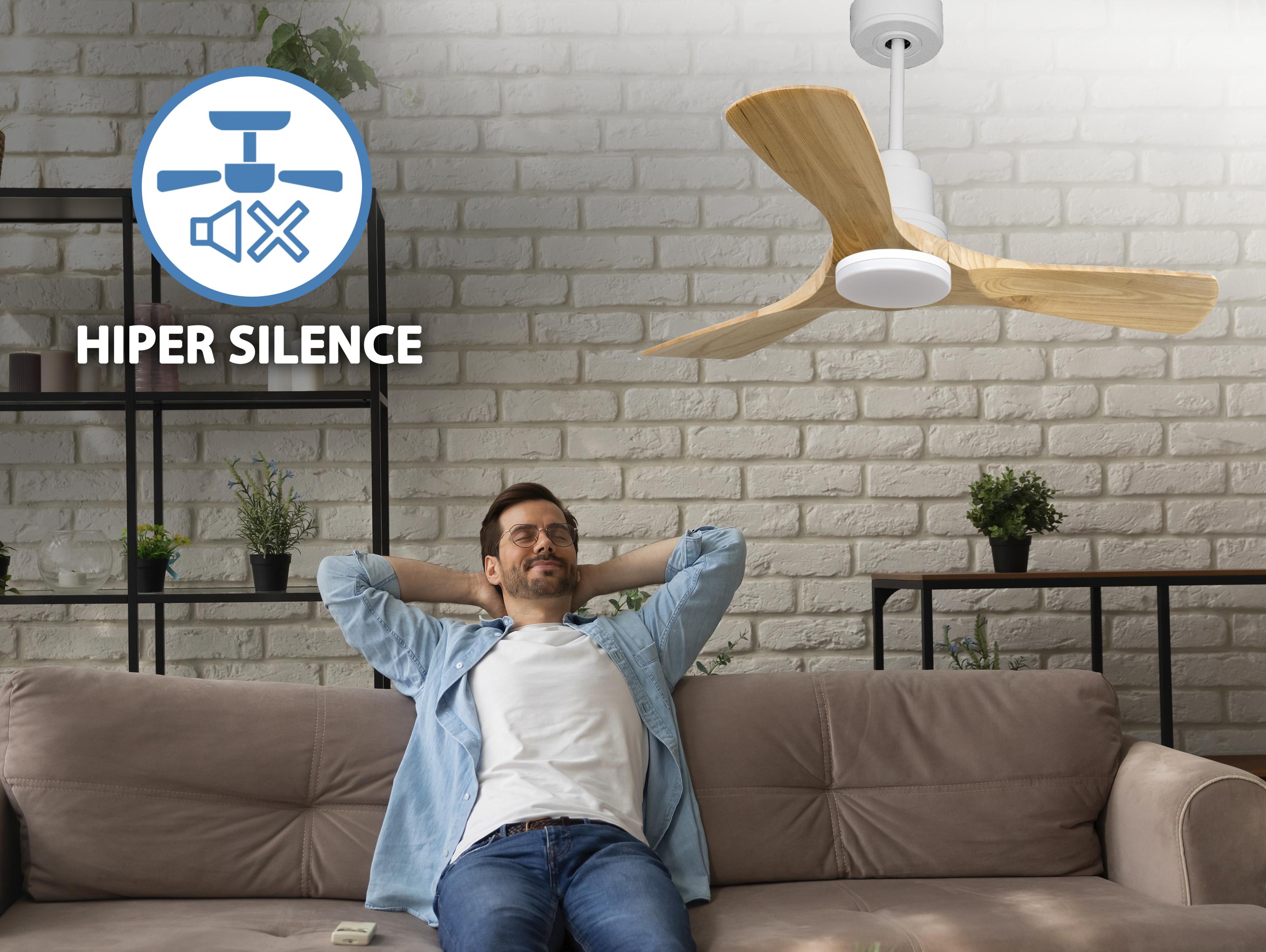 Ventilatore da soffitto Reversibile Termostato Dimmabile Wifi Motore CC Tetti inclinati Telecomando Luce a tre toni Hypersilence Memoria Shopify Vendible (AUTOMATICO)