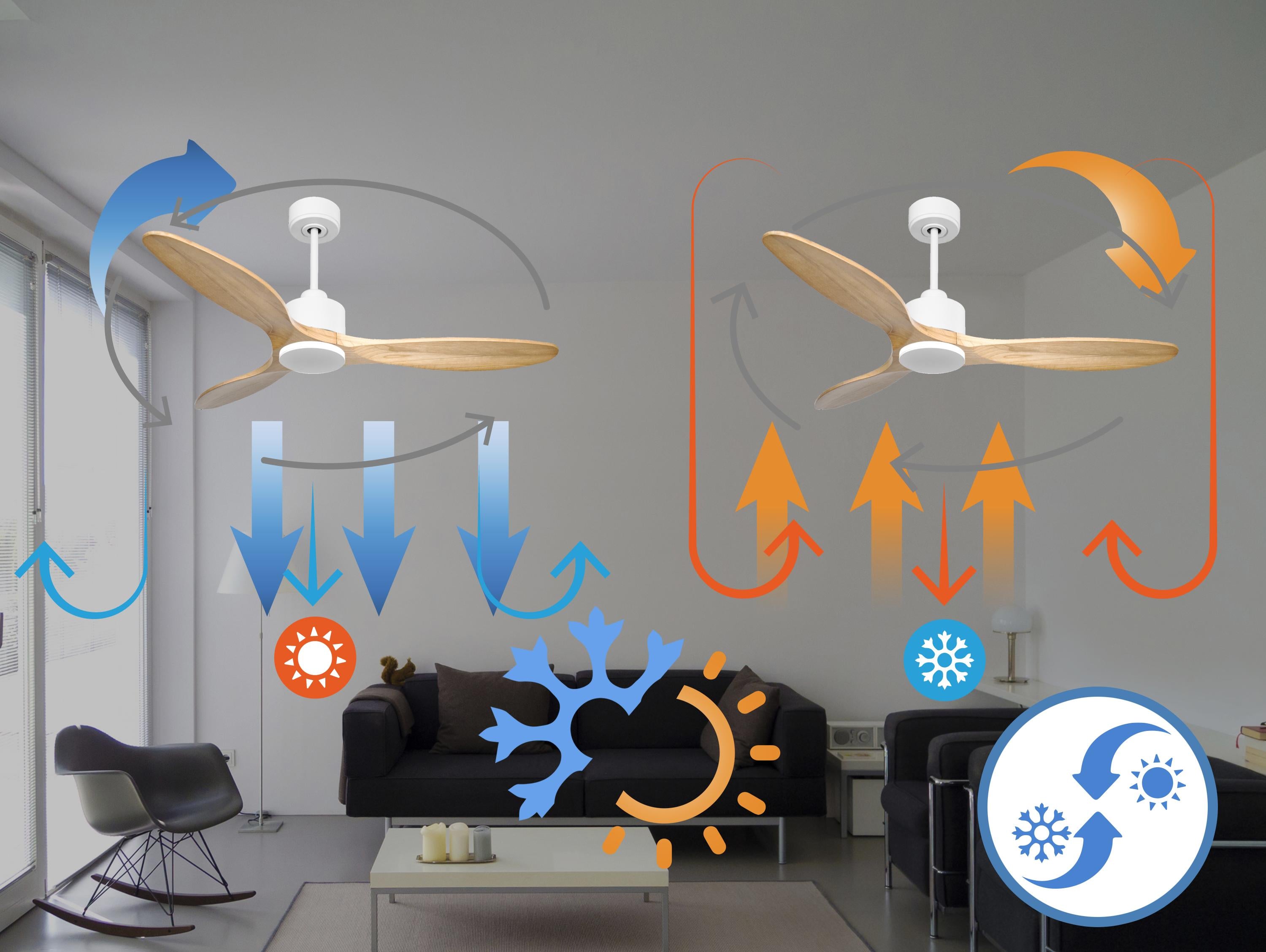 Ventilatore da soffitto Reversibile Termostato Wifi Motore CC Tetti inclinati Telecomando Hypersilence Memoria