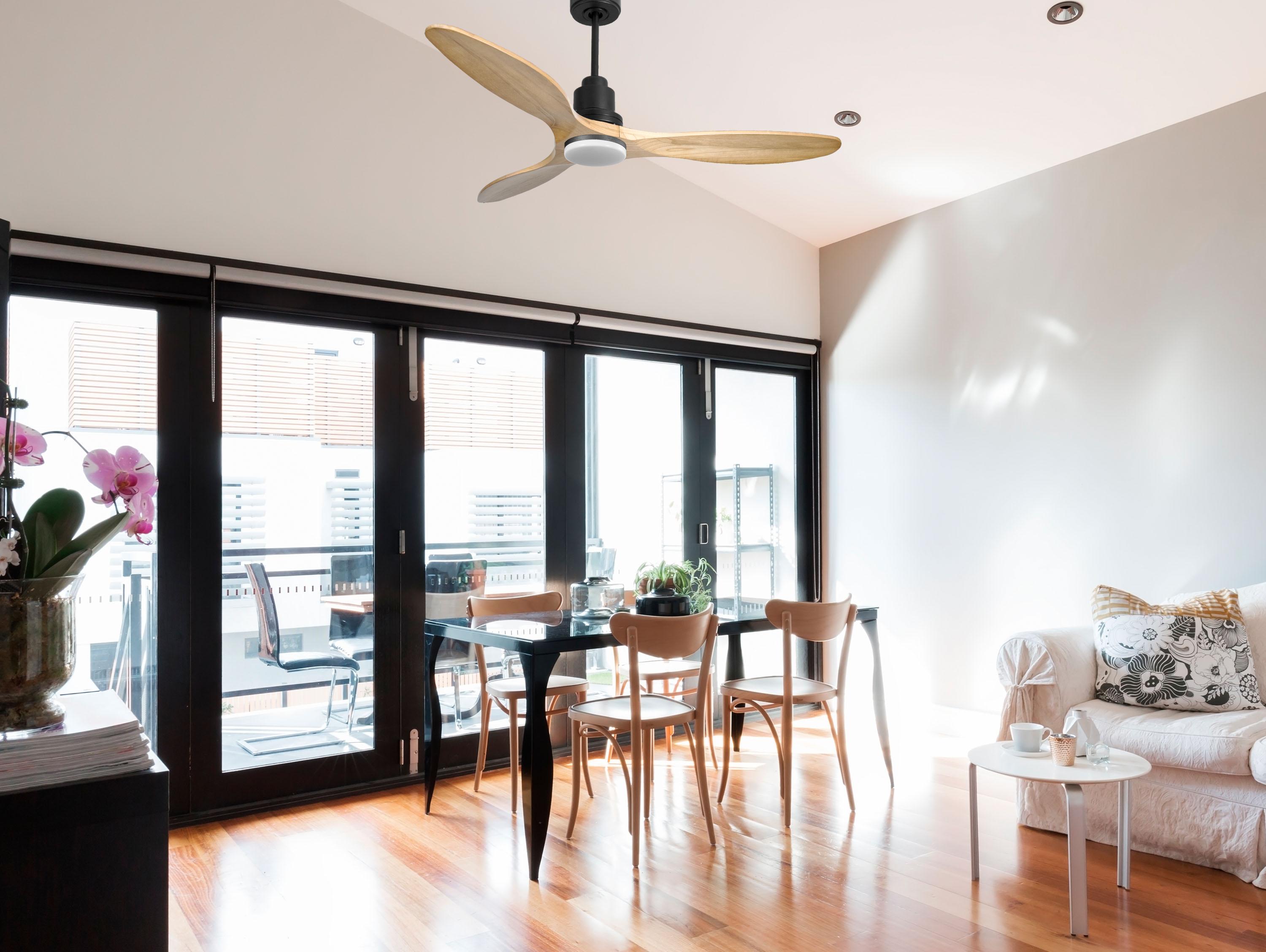 Ventilatore da soffitto Reversibile Termostato Dimmabile Wifi Motore CC Tetti inclinati Telecomando Luce a tre toni Hypersilence Memoria