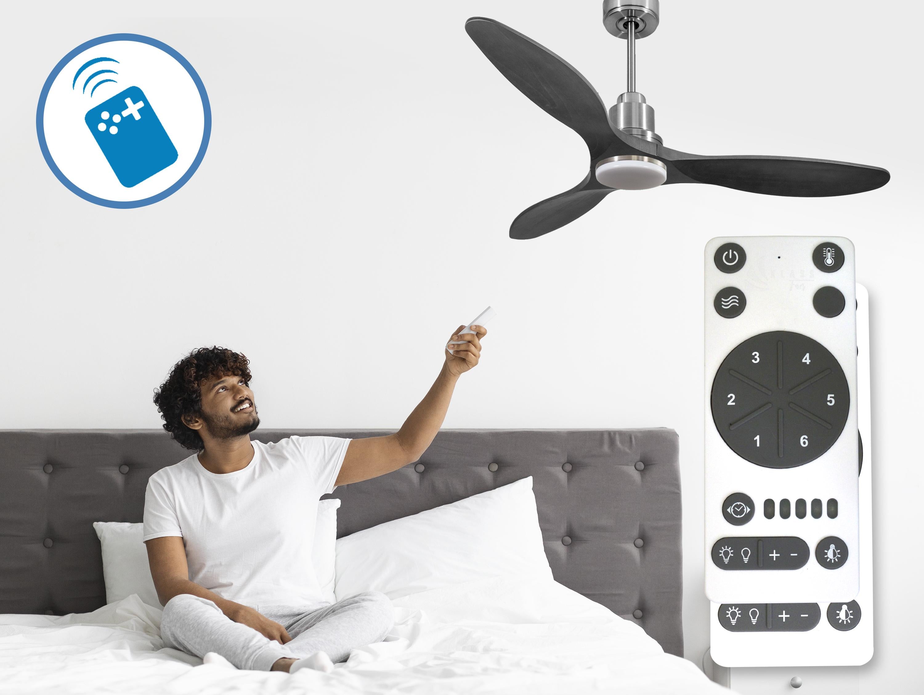 Ventilatore da soffitto Reversibile Termostato Dimmabile Wifi Motore CC Tetti inclinati Telecomando Luce a tre toni Hypersilence Memoria Shopify Vendible (AUTOMATICO)