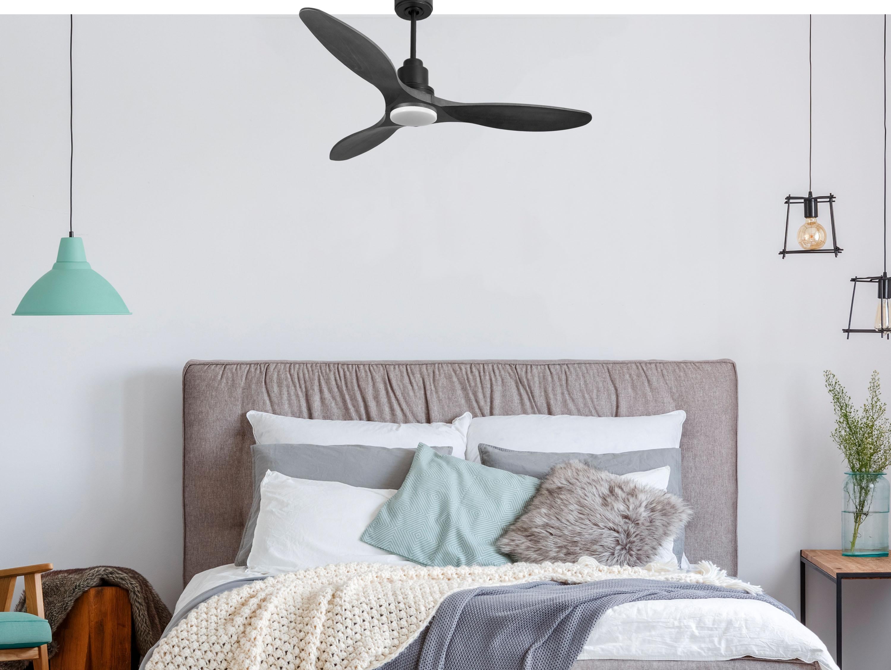 Ventilatore da soffitto Reversibile Termostato Dimmabile Wifi Motore CC Tetti inclinati Telecomando Luce a tre toni Hypersilence Memoria