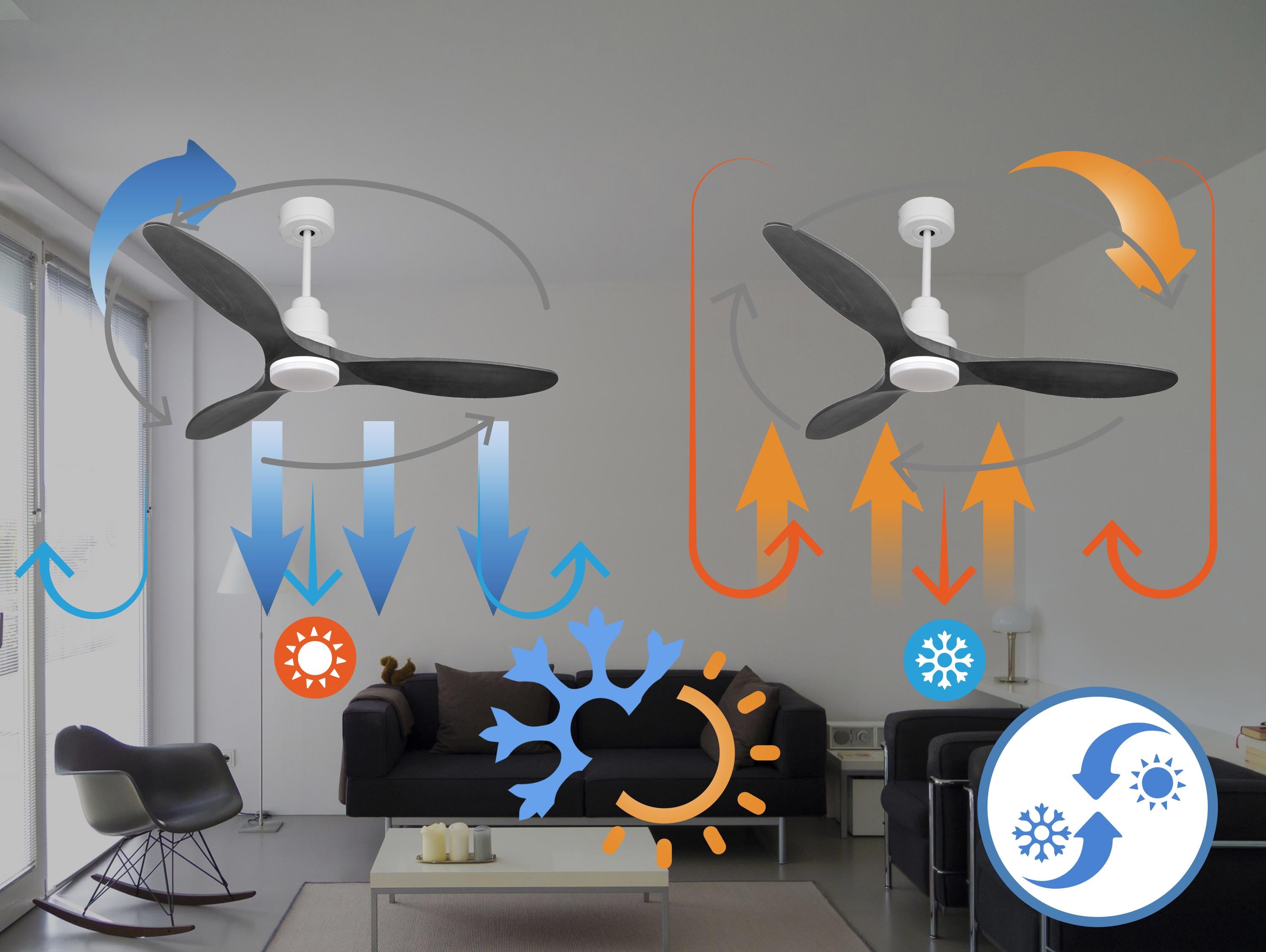 Ventilatore da soffitto Reversibile Termostato Dimmabile Wifi Motore CC Tetti inclinati Telecomando Luce a tre toni Hypersilence Memoria