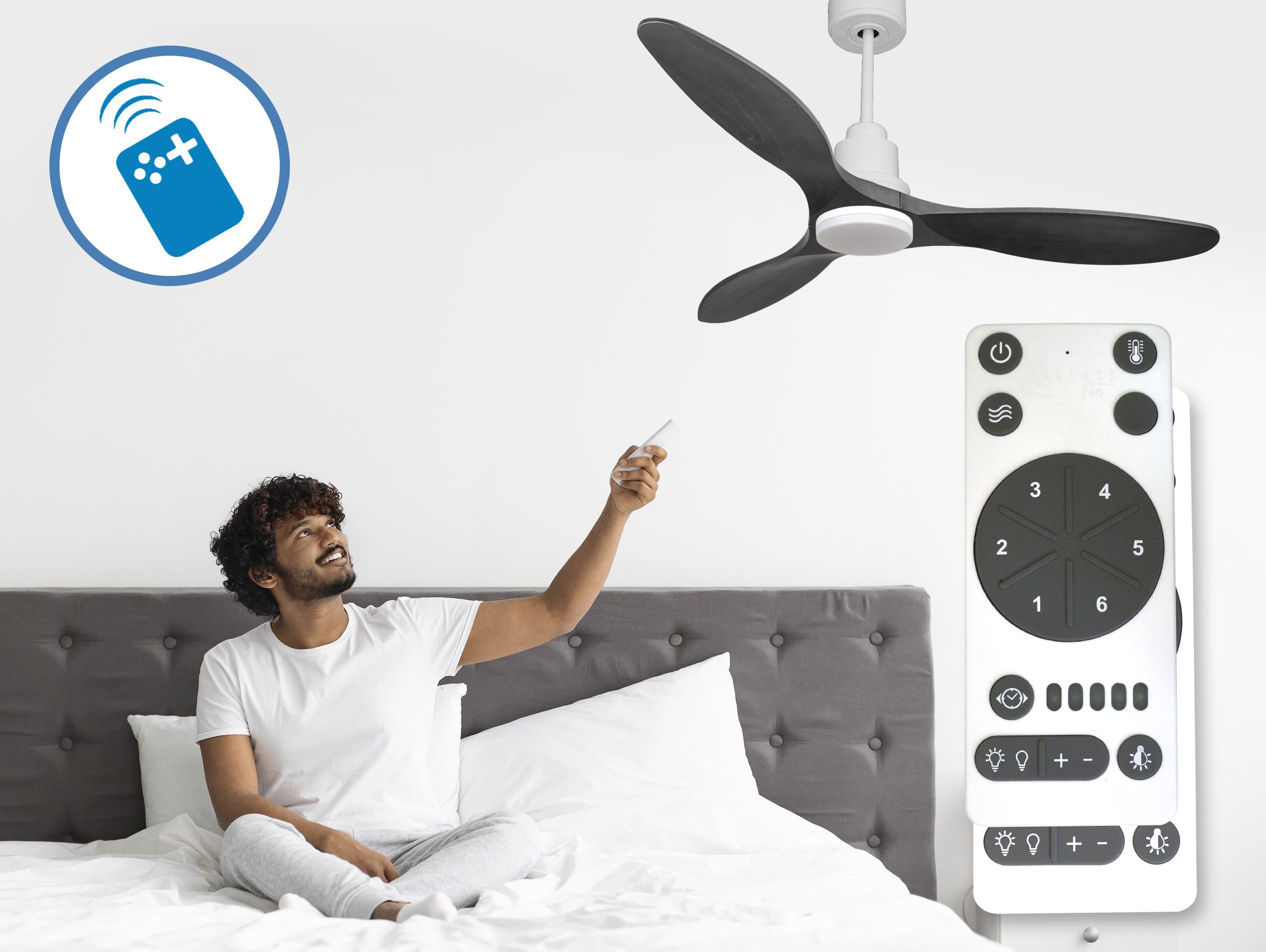 Ventilatore da soffitto Reversibile Termostato Dimmabile Wifi Motore CC Tetti inclinati Telecomando Luce a tre toni Hypersilence Memoria
