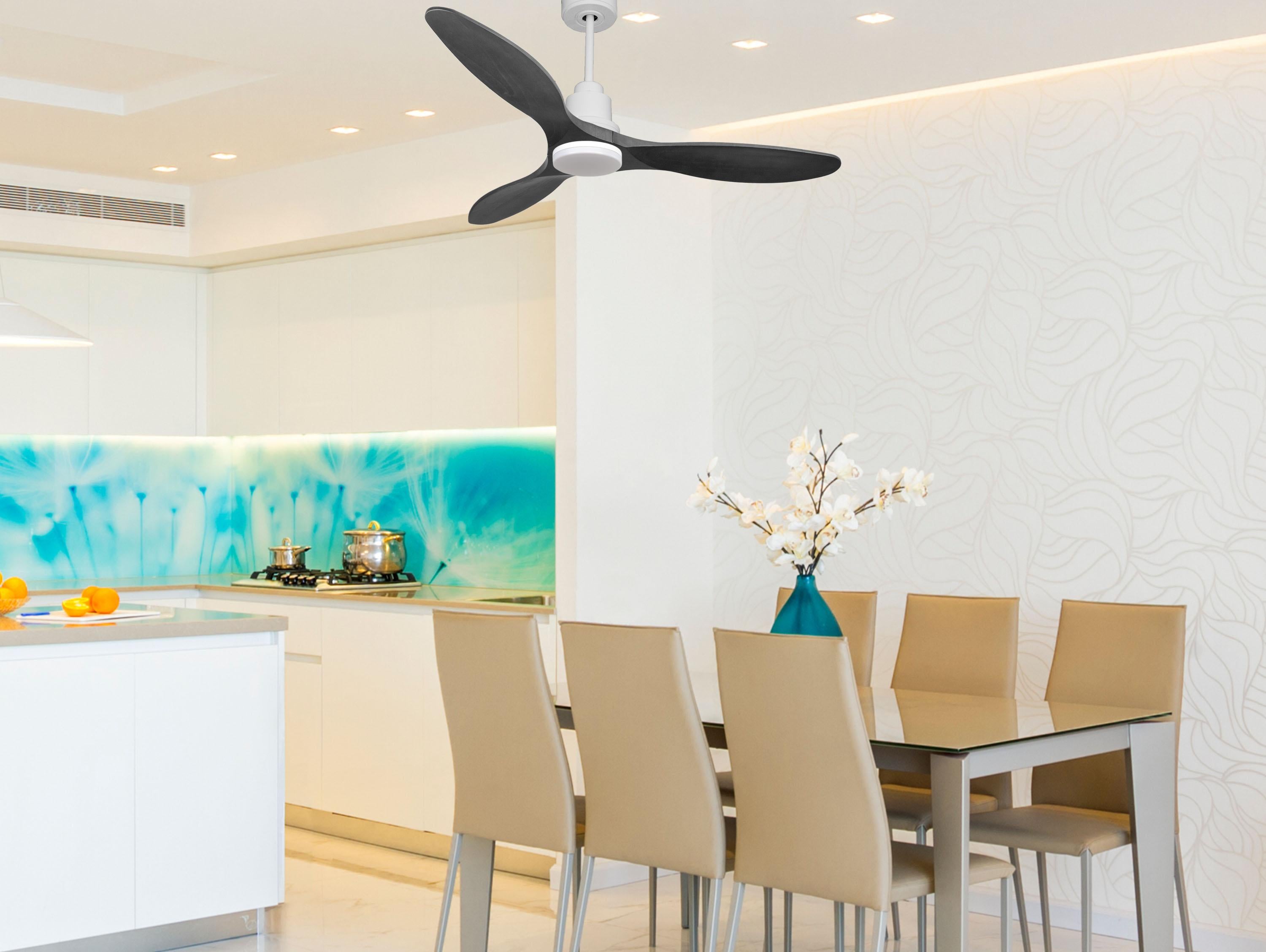 Ventilatore da soffitto Reversibile Termostato Dimmabile Wifi Motore CC Tetti inclinati Telecomando Luce a tre toni Hypersilence Memoria