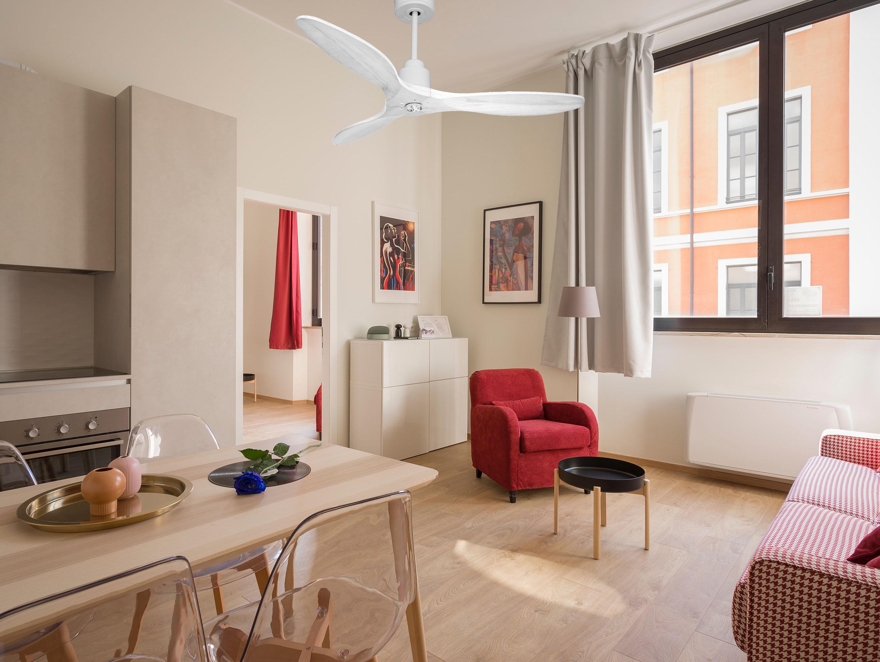 Ventilatore da soffitto Reversibile Termostato Dimmabile Wifi Motore CC Tetti inclinati Telecomando Luce a tre toni Hypersilence Memoria Shopify Vendible (AUTOMATICO)