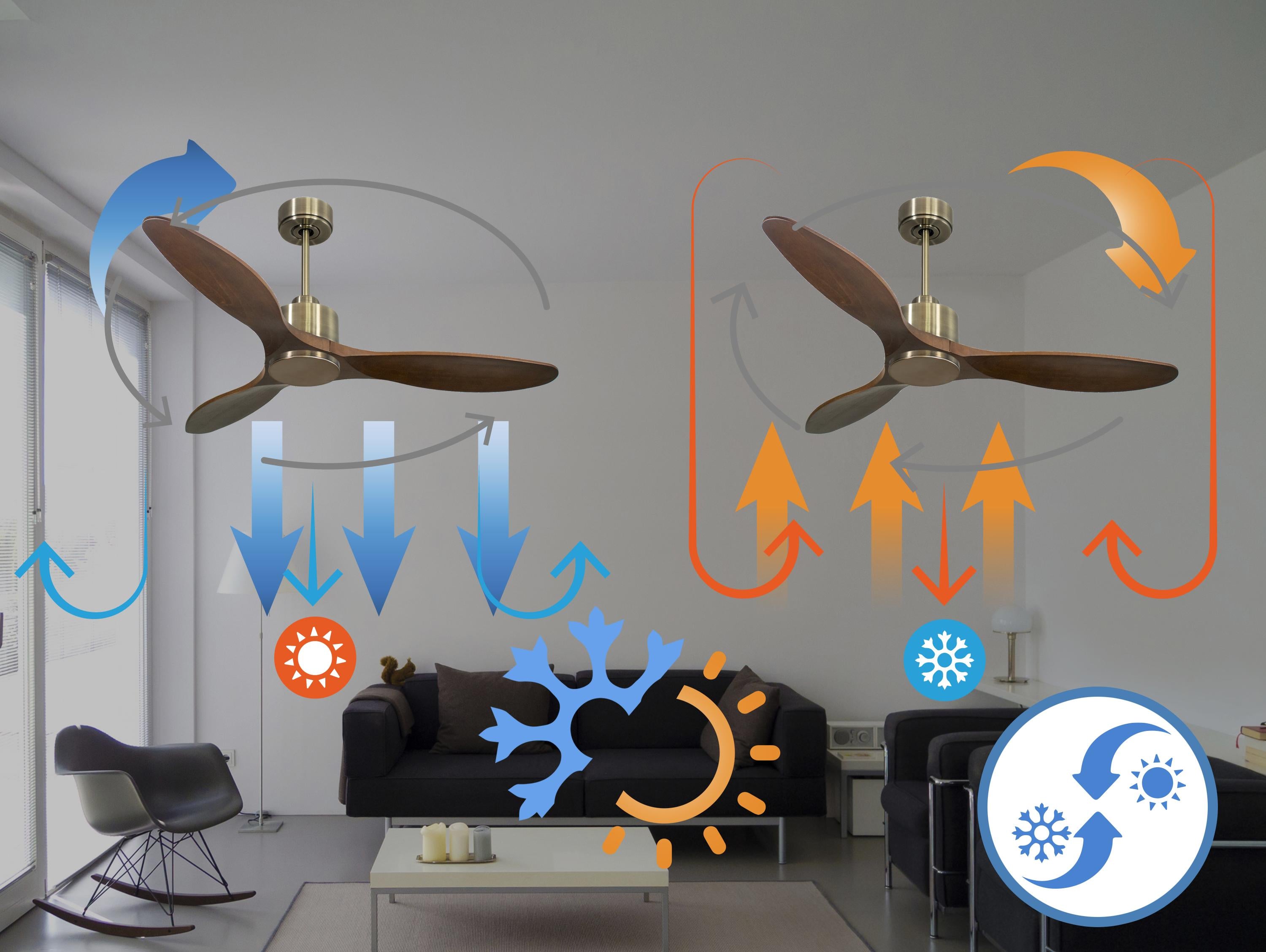 Ventilatore da soffitto Reversibile Termostato Wifi Motore CC Tetti inclinati Telecomando Hypersilence Memoria