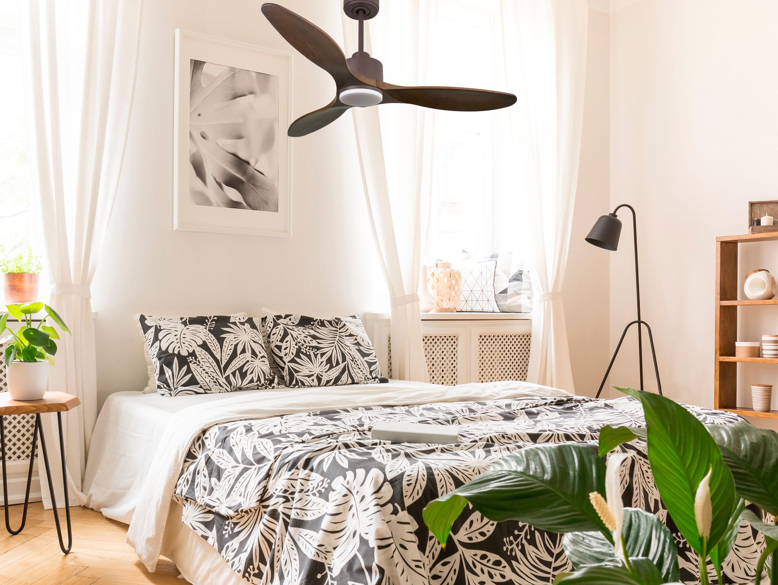Ventilatore da soffitto Reversibile Termostato Dimmabile Wifi Motore CC Tetti inclinati Telecomando Luce a tre toni Hypersilence Memoria