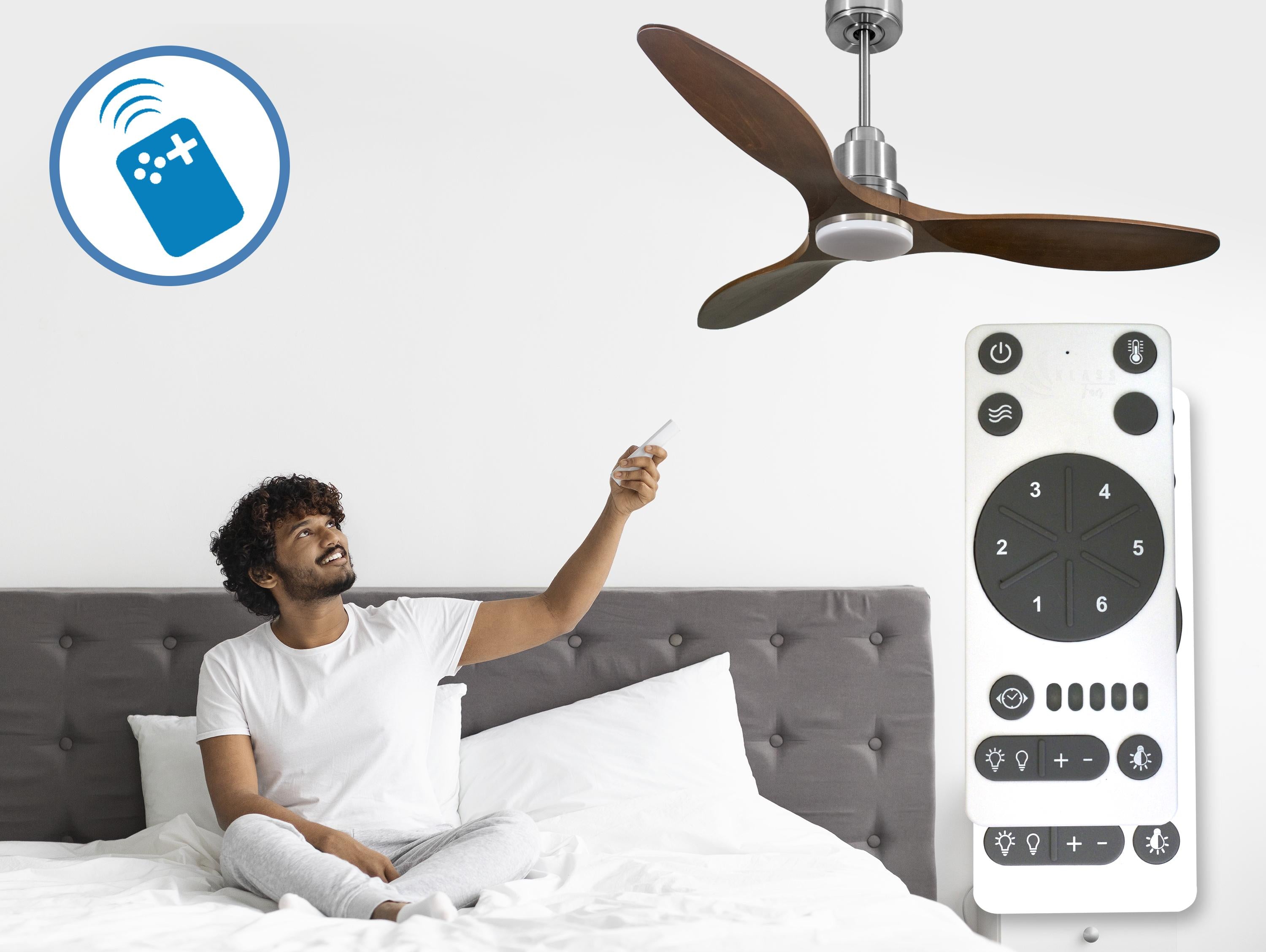 Ventilatore da soffitto Reversibile Termostato Dimmabile Wifi Motore CC Tetti inclinati Telecomando Luce a tre toni Hypersilence Memoria Shopify Vendible (AUTOMATICO)