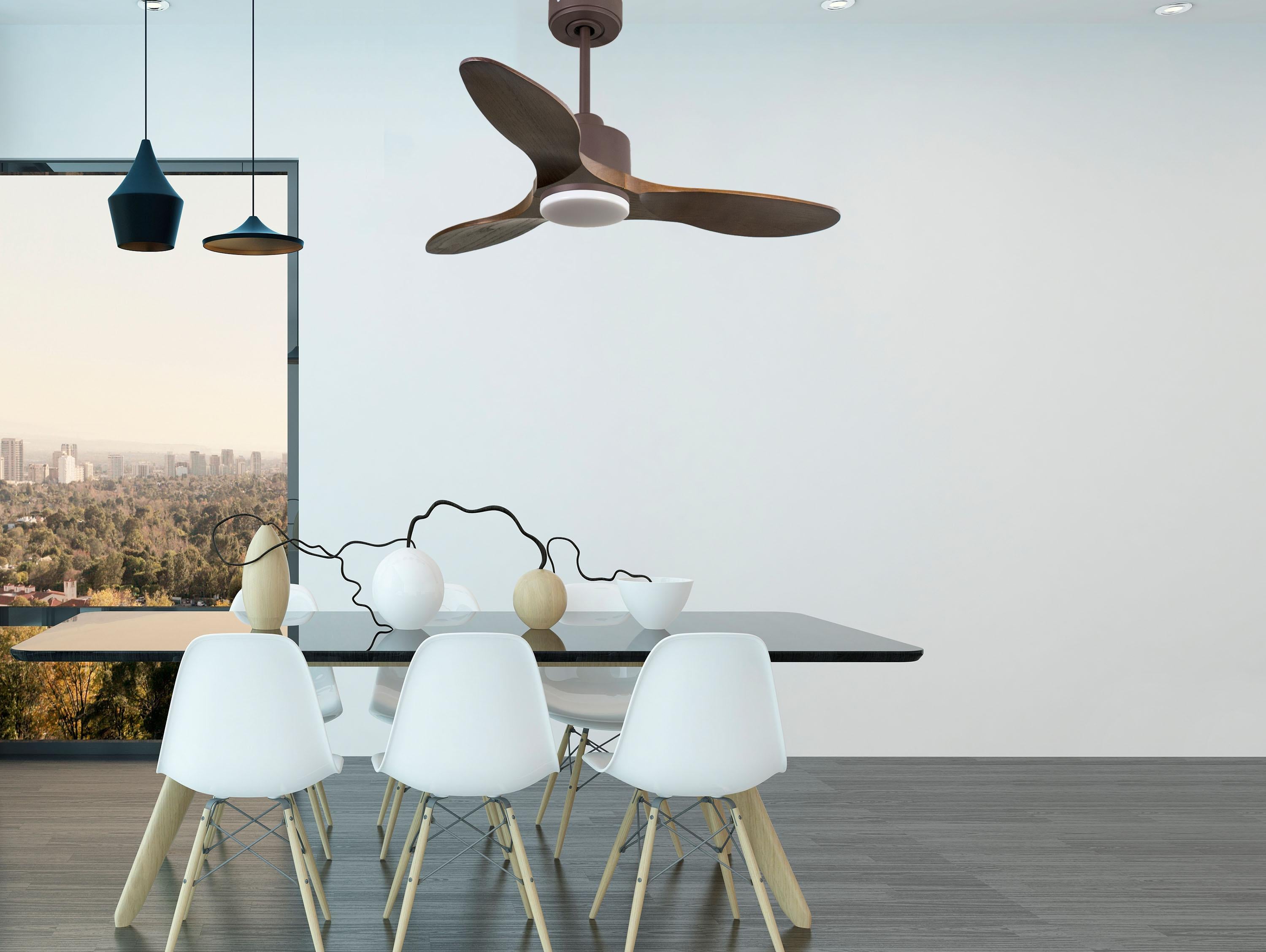 Ventilatore da soffitto Reversibile Termostato Dimmabile Wifi Motore CC Tetti inclinati Telecomando Luce a tre toni Hypersilence Memoria
