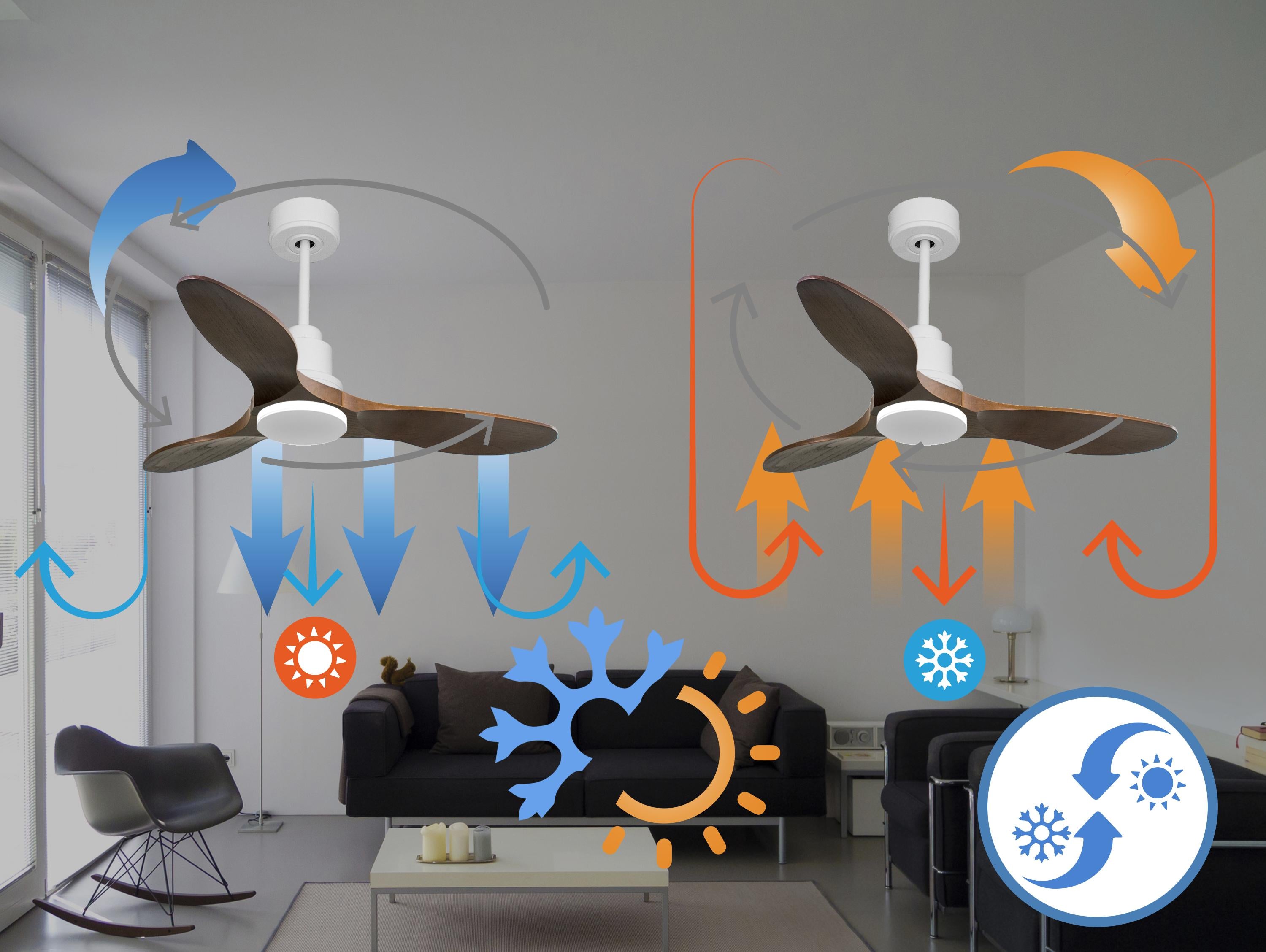 Ventilatore da soffitto Reversibile Termostato Wifi Motore CC Tetti inclinati Telecomando Hypersilence Memoria