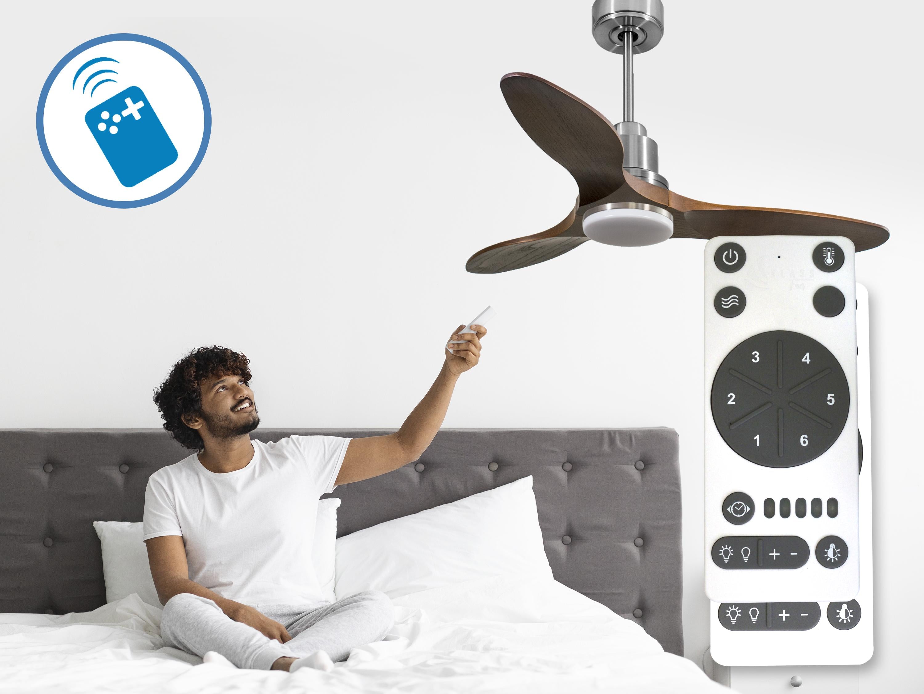 Ventilatore da soffitto Reversibile Termostato Dimmabile Wifi Motore CC Tetti inclinati Telecomando Luce a tre toni Hypersilence Memoria Shopify Vendible (AUTOMATICO)