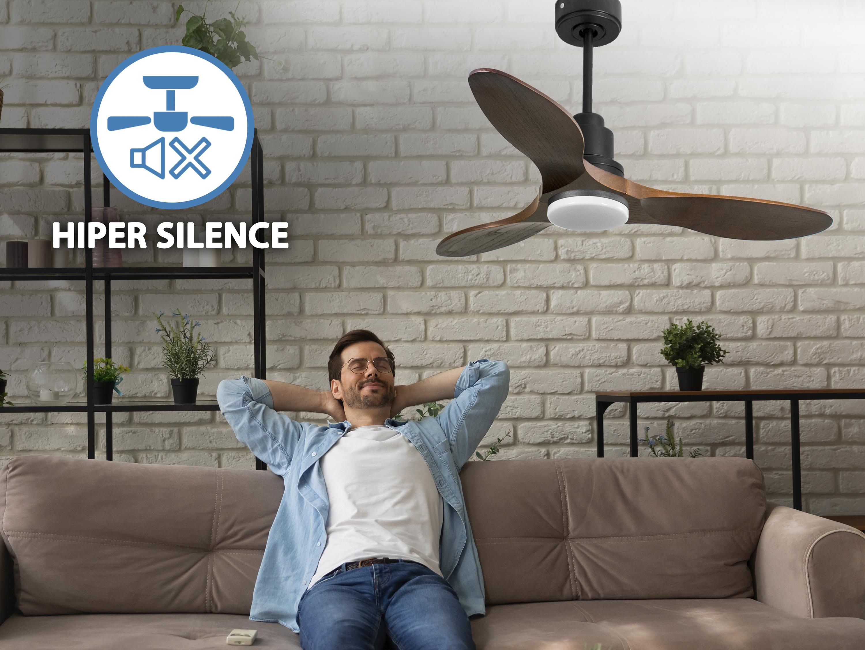 Ventilatore da soffitto Reversibile Termostato Dimmabile Wifi Motore CC Tetti inclinati Telecomando Luce a tre toni Hypersilence Memoria Shopify Vendible (AUTOMATICO)