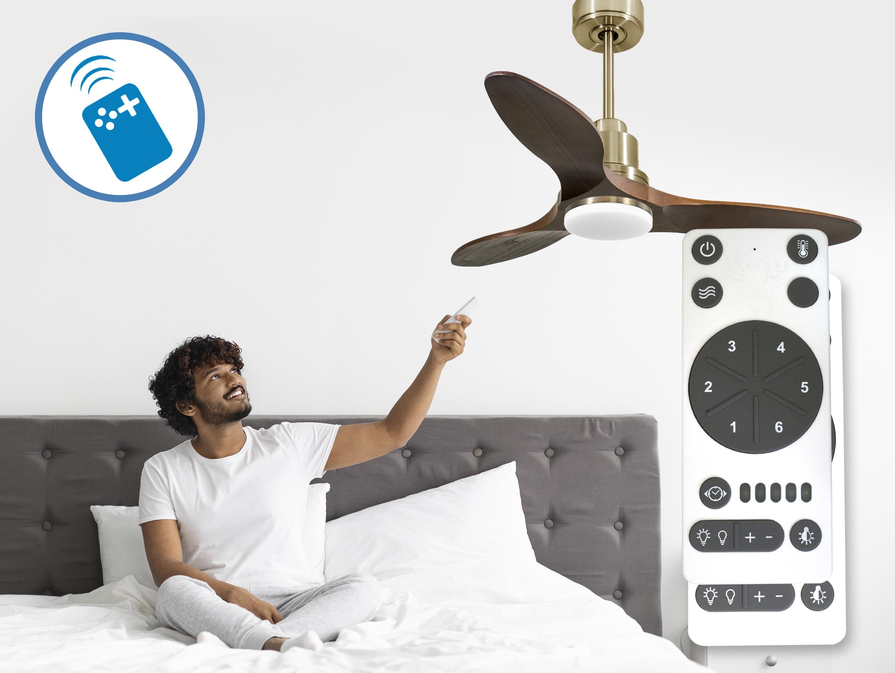 Ventilatore da soffitto Reversibile Termostato Dimmabile Wifi Motore CC Tetti inclinati Telecomando Luce a tre toni Hypersilence Memoria