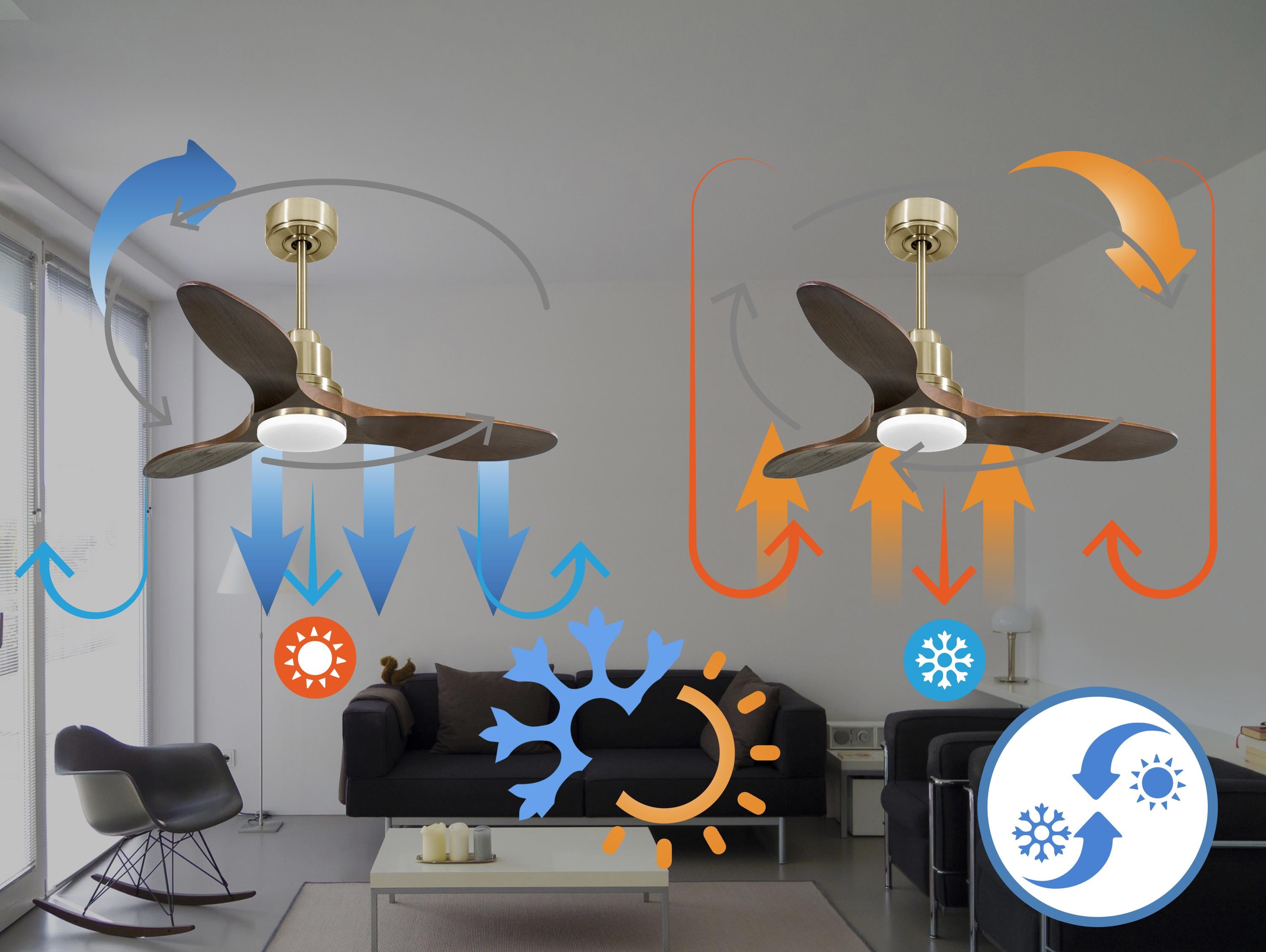 Ventilatore da soffitto Reversibile Termostato Dimmabile Wifi Motore CC Tetti inclinati Telecomando Luce a tre toni Hypersilence Memoria