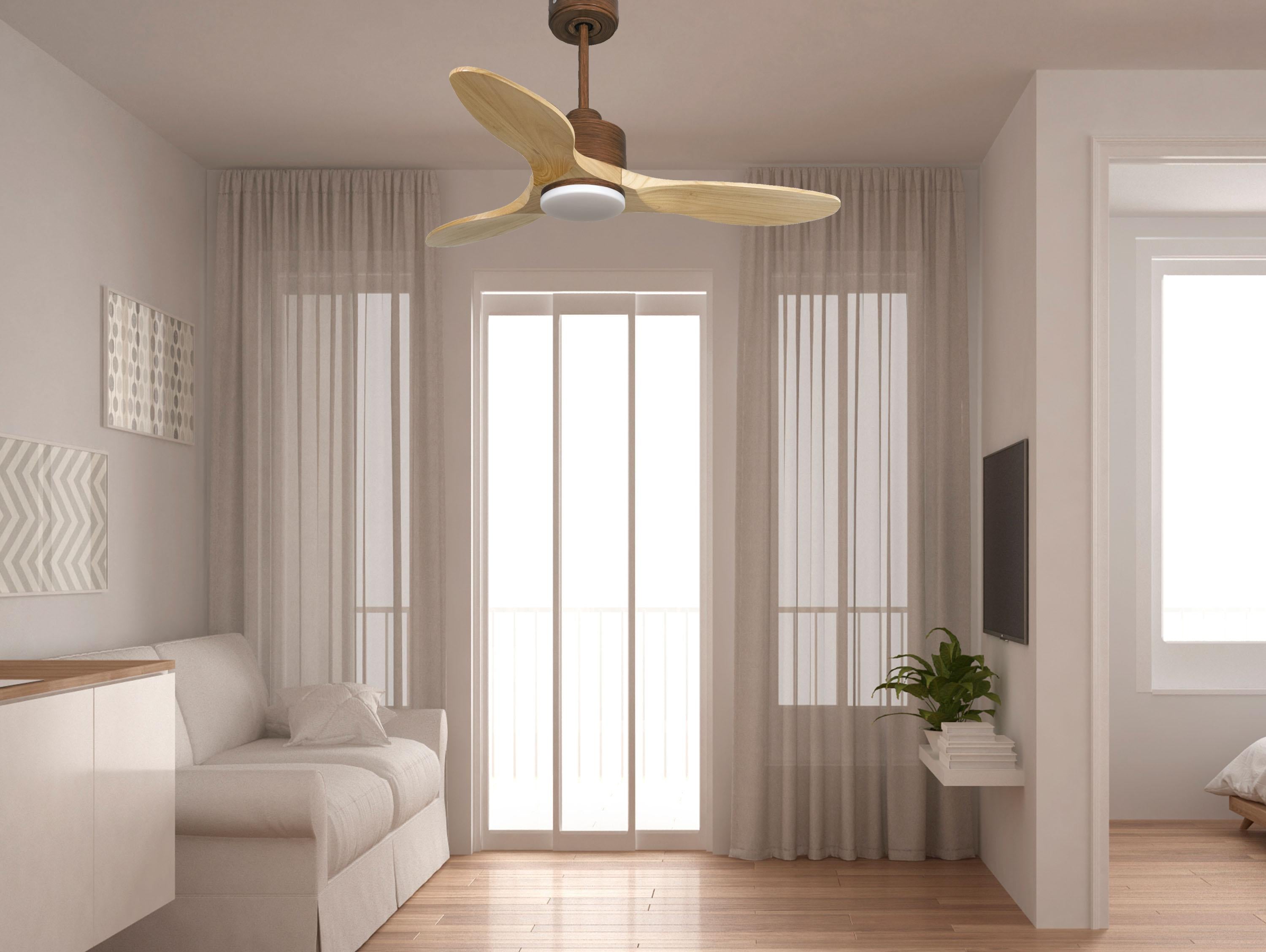 Ventilatore da soffitto Reversibile Termostato Dimmabile Wifi Motore CC Tetti inclinati Telecomando Luce a tre toni Hypersilence Memoria