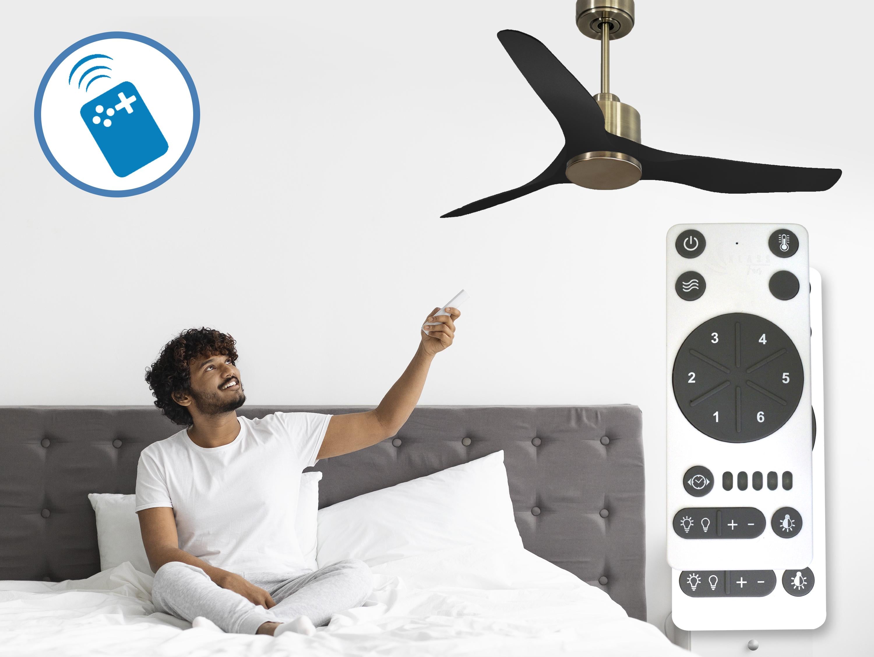 Ventilatore da soffitto Reversibile Termostato Wifi Motore CC Tetti inclinati Telecomando Adattatore 2/3 lame Hypersilence Memoria