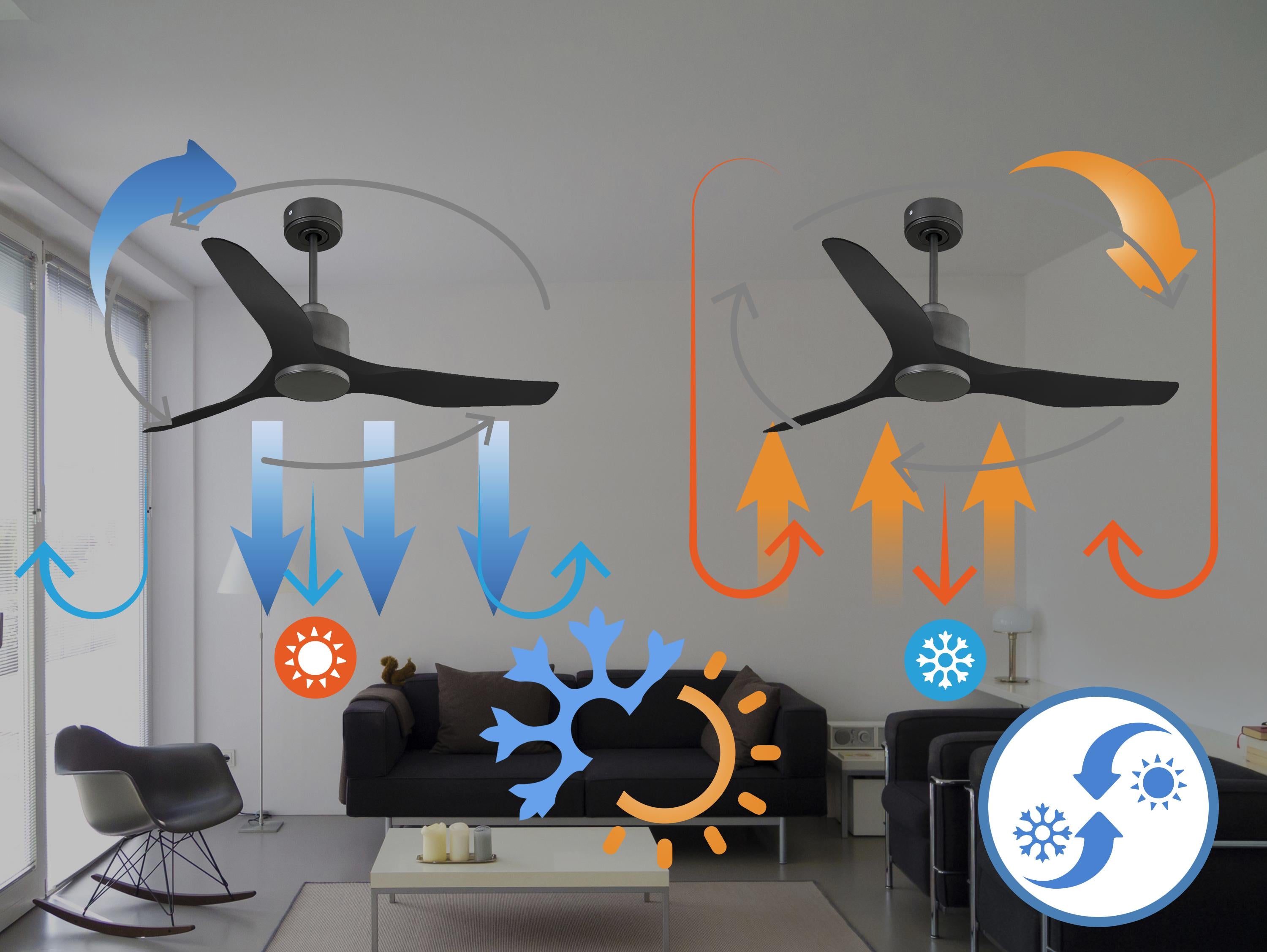 Ventilatore da soffitto Reversibile Termostato Wifi Motore CC Tetti inclinati Telecomando Adattatore 2/3 lame Hypersilence Memoria