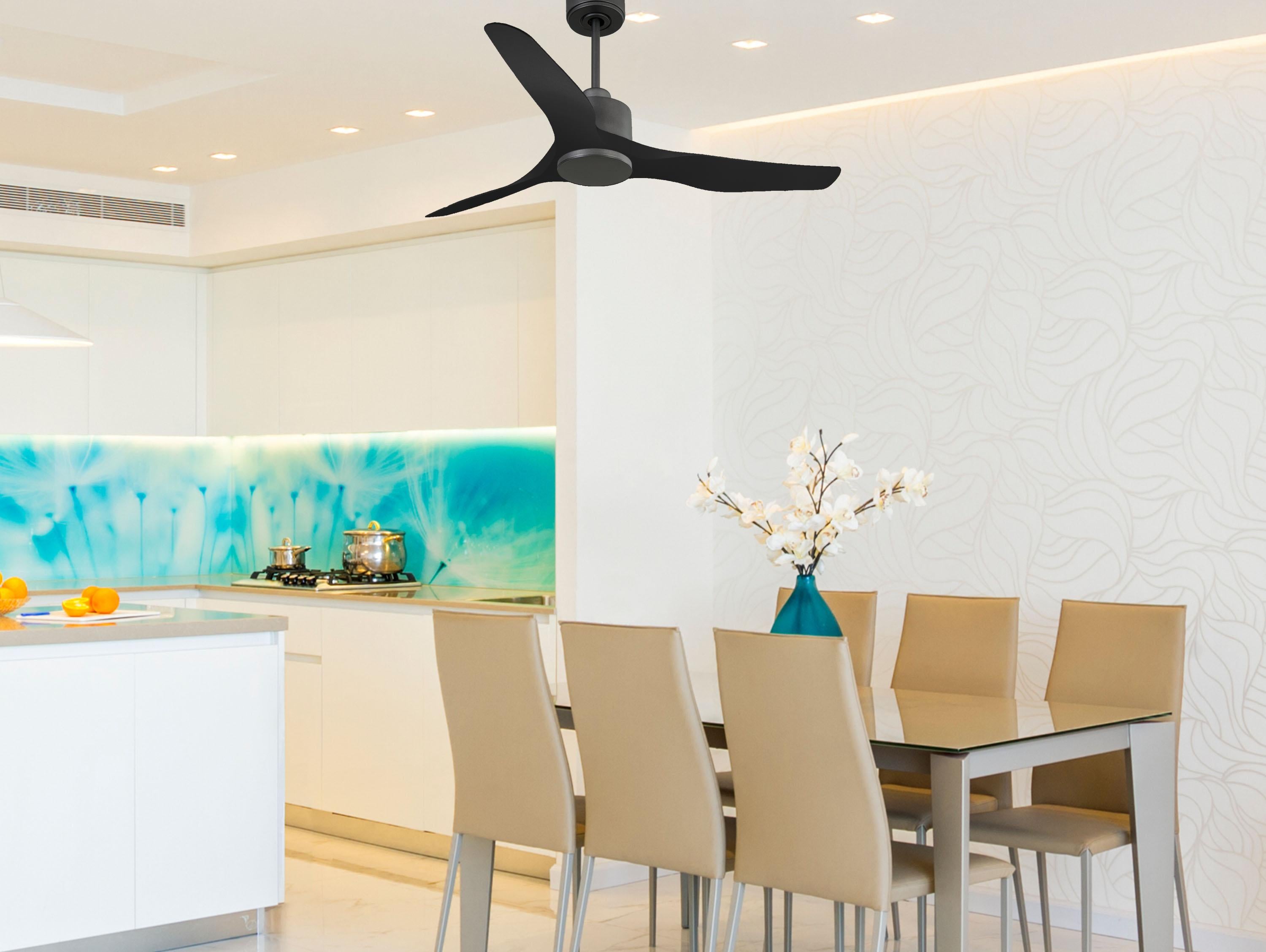 Ventilatore da soffitto Reversibile Termostato Wifi Motore CC Tetti inclinati Telecomando Adattatore 2/3 lame Hypersilence Memoria