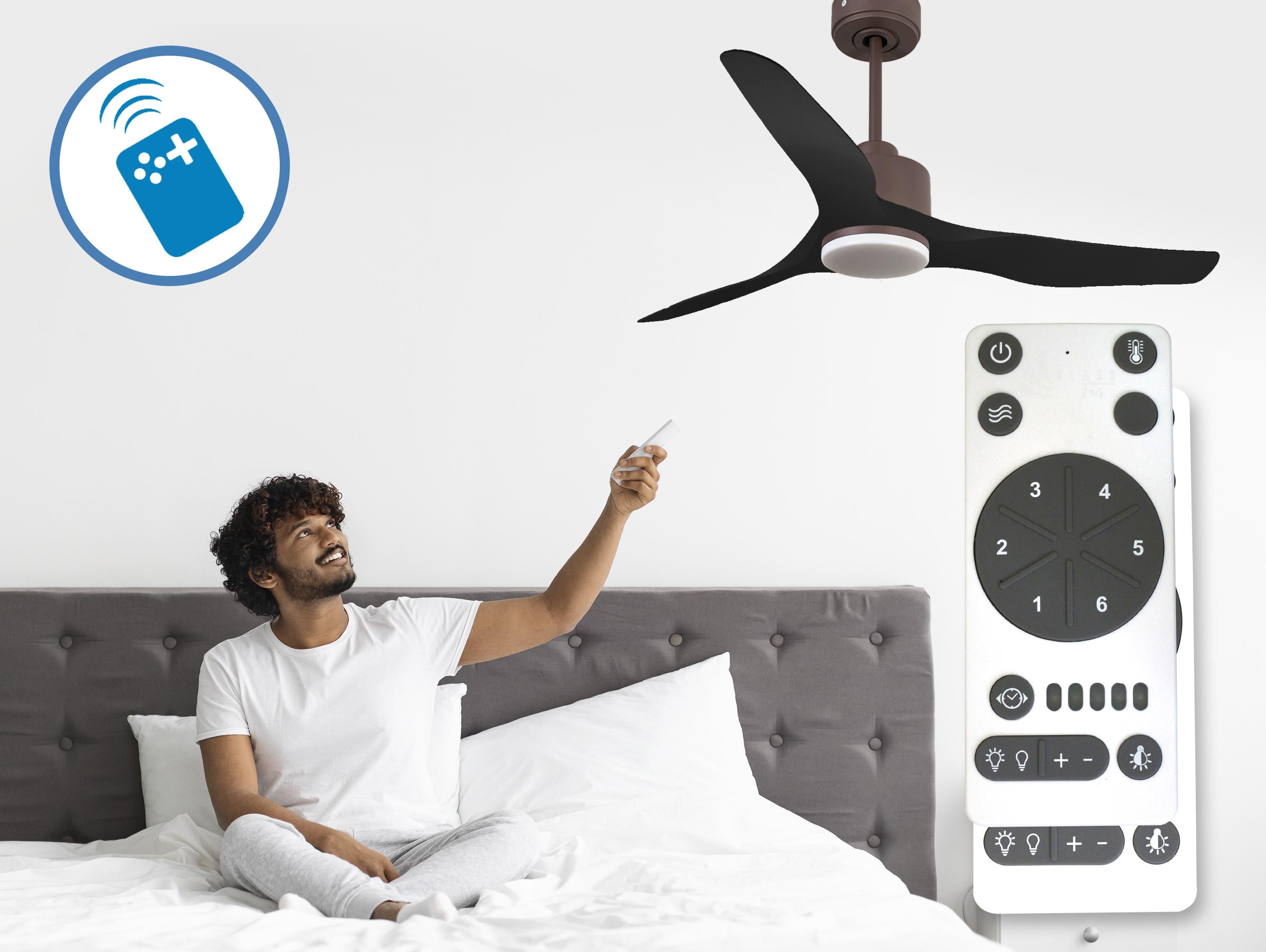 Ventilatore da soffitto Reversibile Termostato Dimmabile Wifi Motore CC Tetti inclinati Telecomando Luce a tre toni Adattatore 2/3 lame Hypersilence Memoria