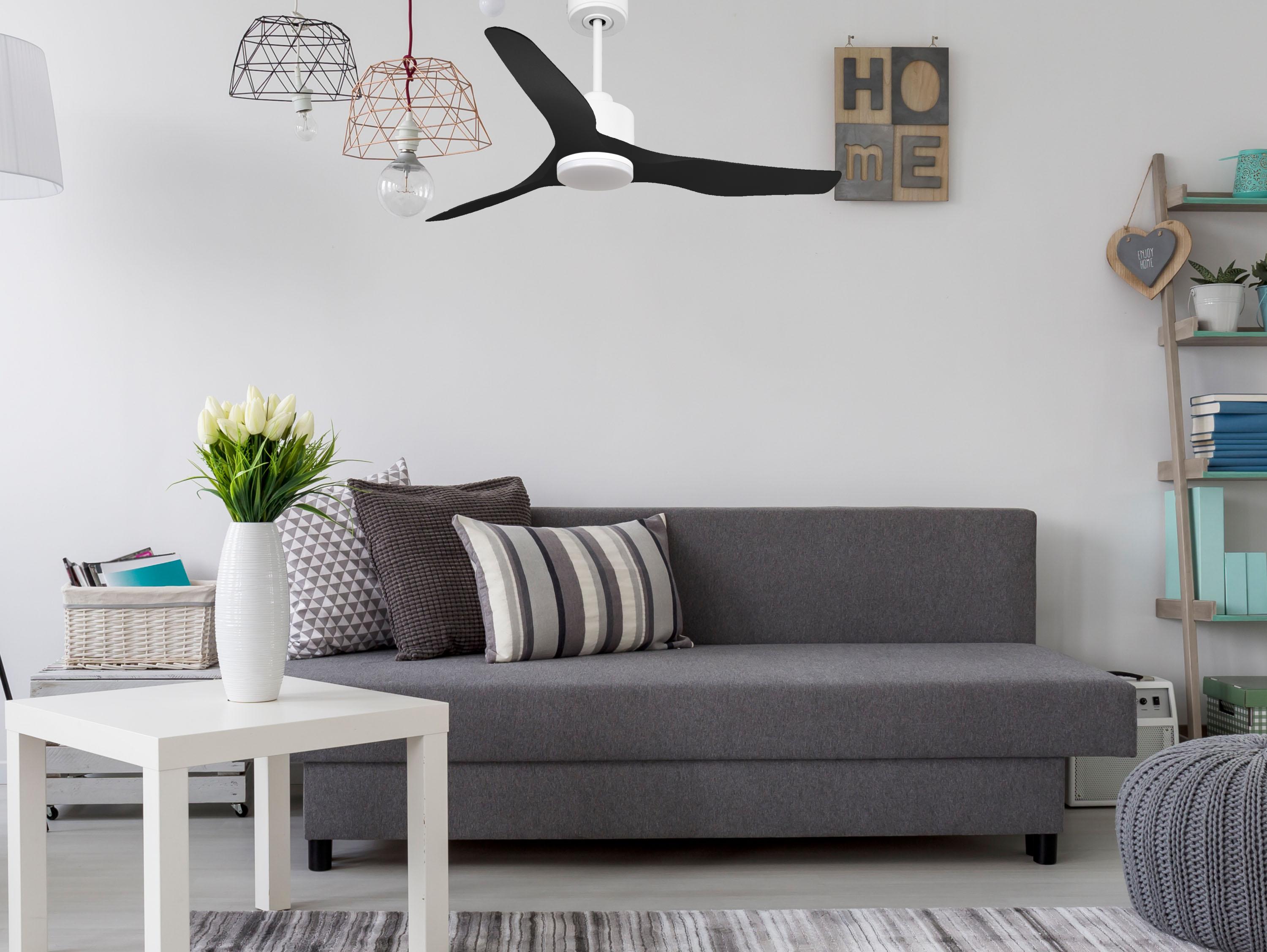 Ventilatore da soffitto Reversibile Termostato Dimmabile Wifi Motore CC Tetti inclinati Telecomando Luce a tre toni Adattatore 2/3 lame Hypersilence Memoria