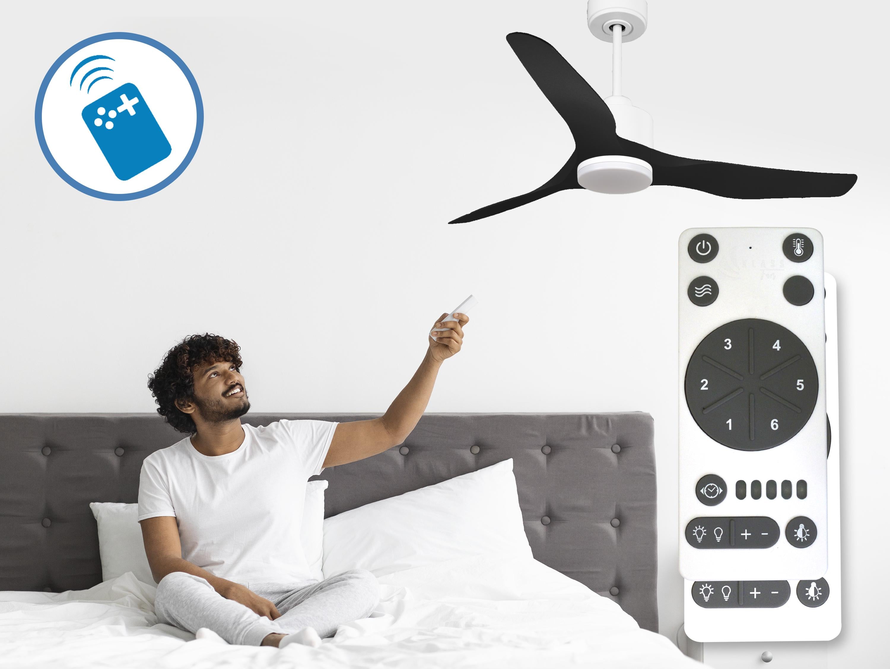 Ventilatore da soffitto Reversibile Termostato Dimmabile Wifi Motore CC Tetti inclinati Telecomando Luce a tre toni Adattatore 2/3 lame Hypersilence Memoria