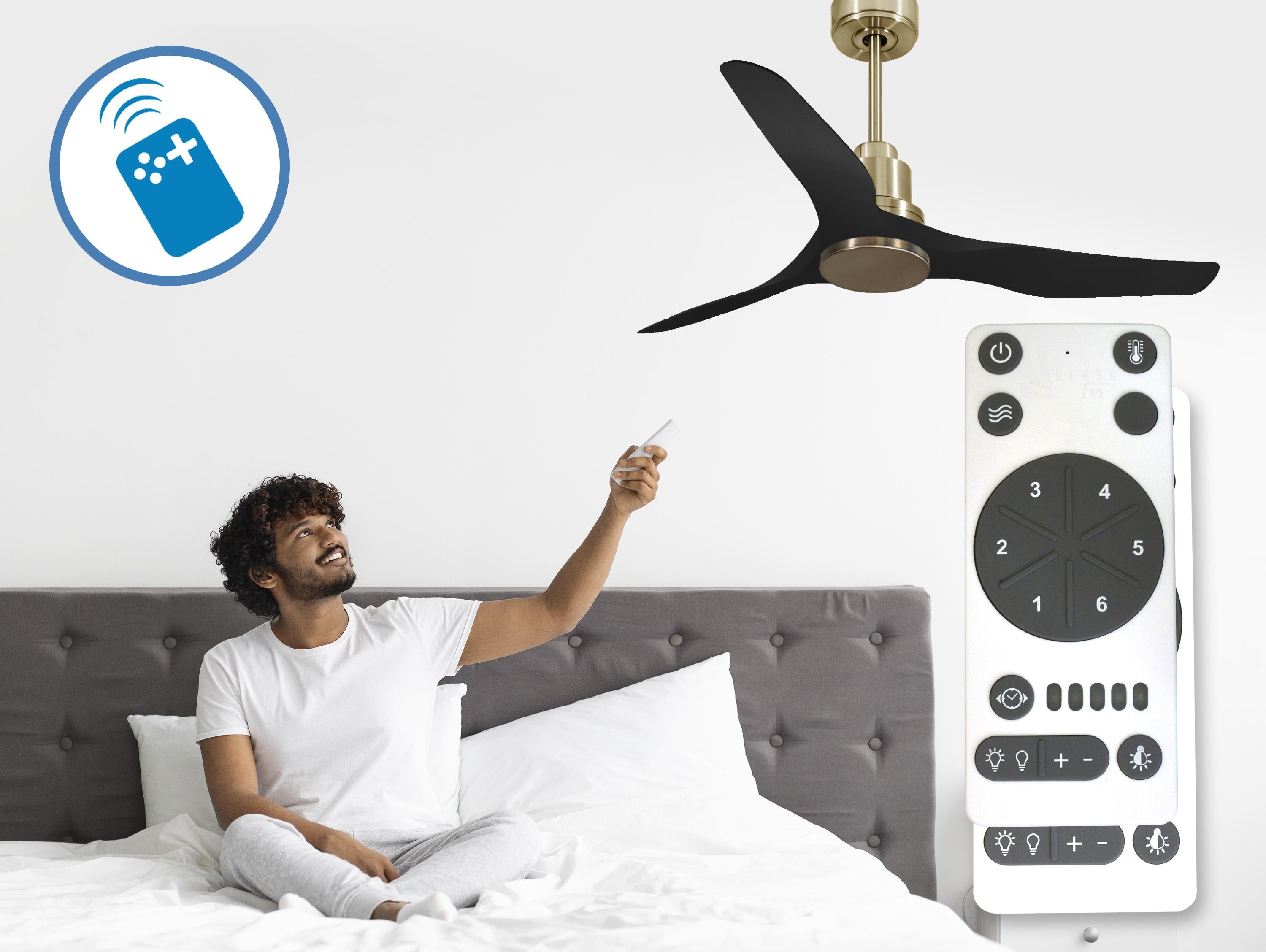 Ventilatore da soffitto Reversibile Termostato Wifi Motore CC Tetti inclinati Telecomando Adattatore 2/3 lame Hypersilence Memoria