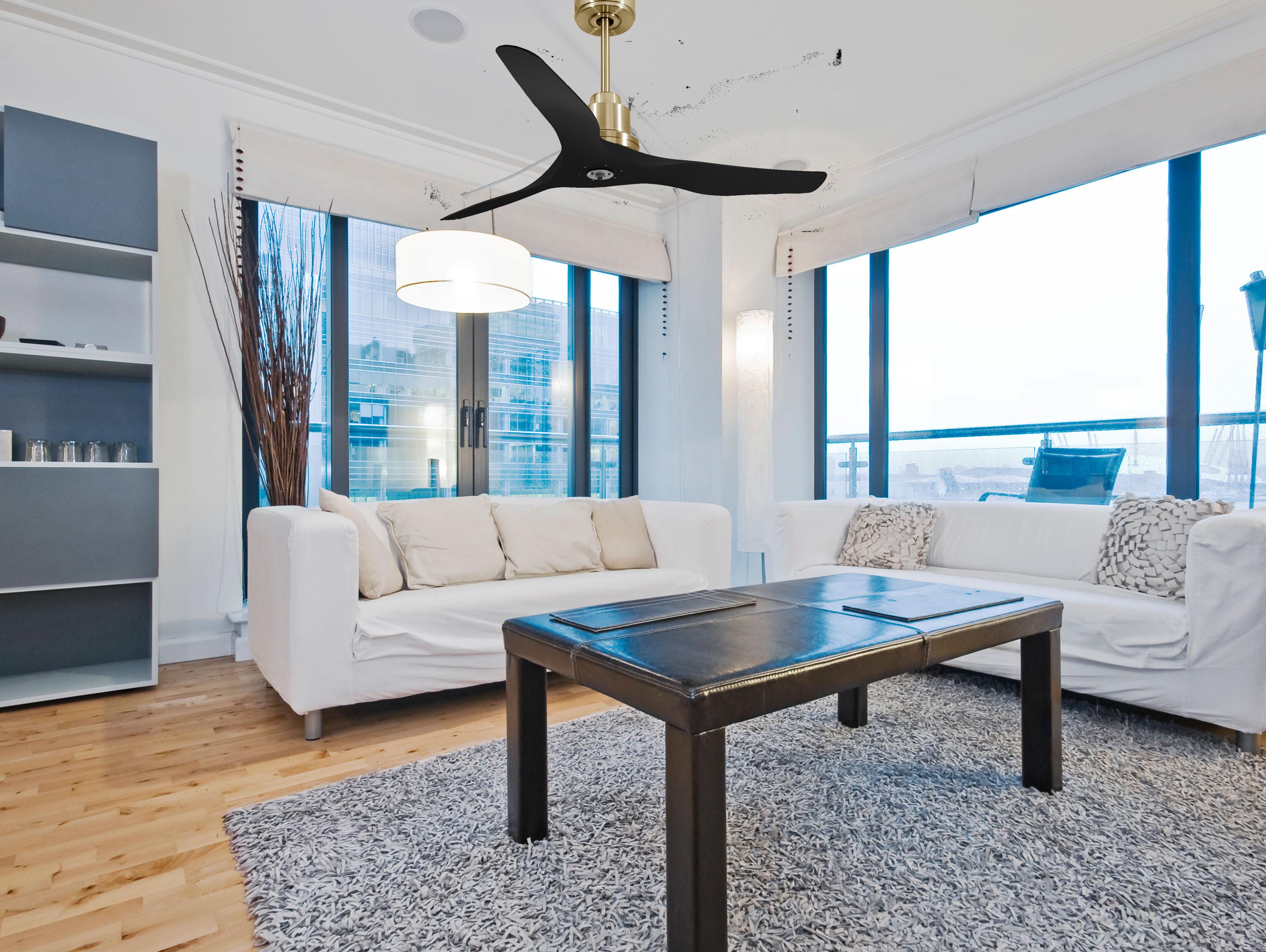 Ventilatore da soffitto Reversibile Termostato Dimmabile Wifi Motore CC Tetti inclinati Telecomando Luce a tre toni Adattatore 2/3 lame Hypersilence Memoria