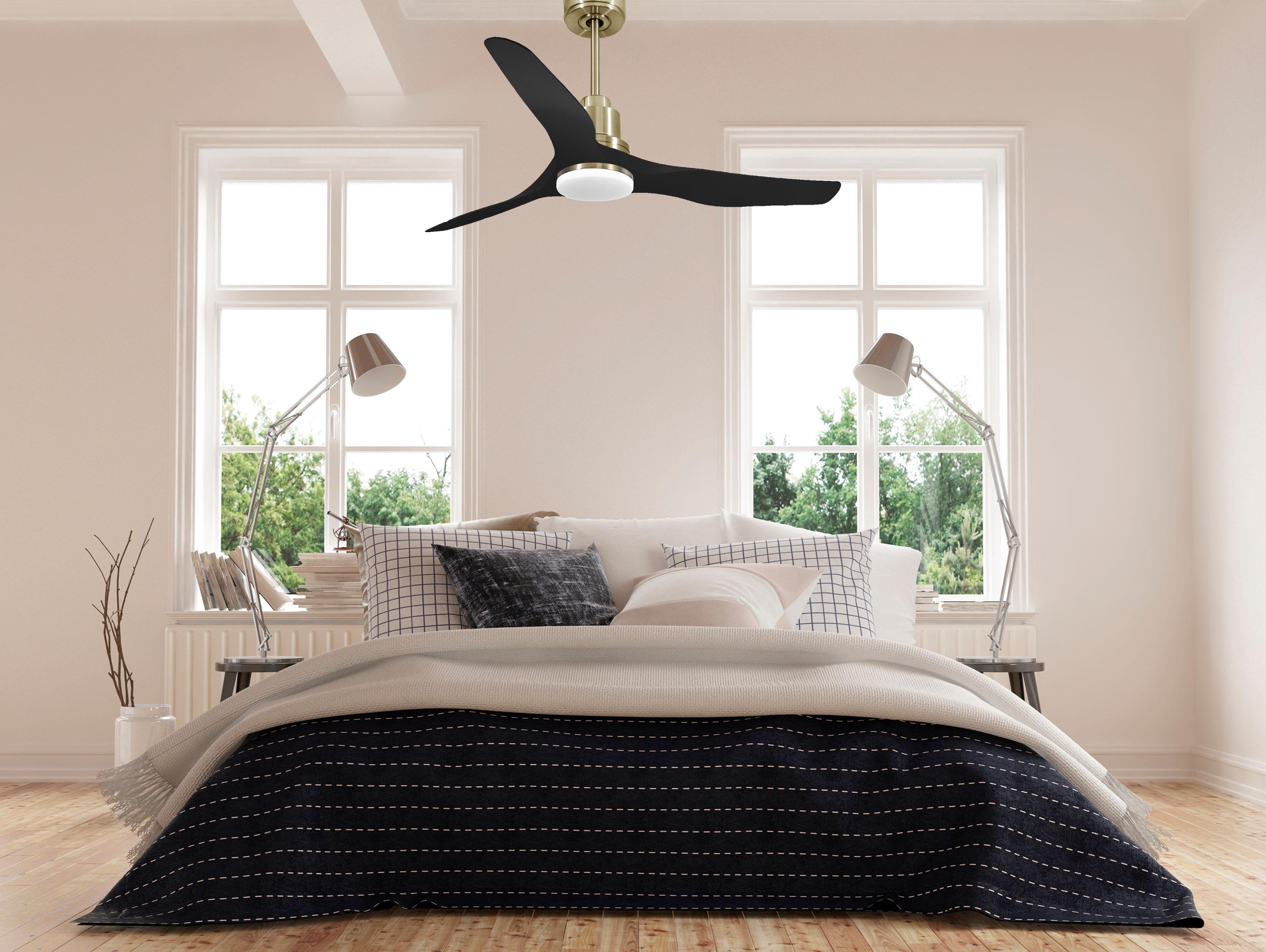 Ventilatore da soffitto Reversibile Termostato Dimmabile Wifi Motore CC Tetti inclinati Telecomando Luce a tre toni Adattatore 2/3 lame Hypersilence Memoria