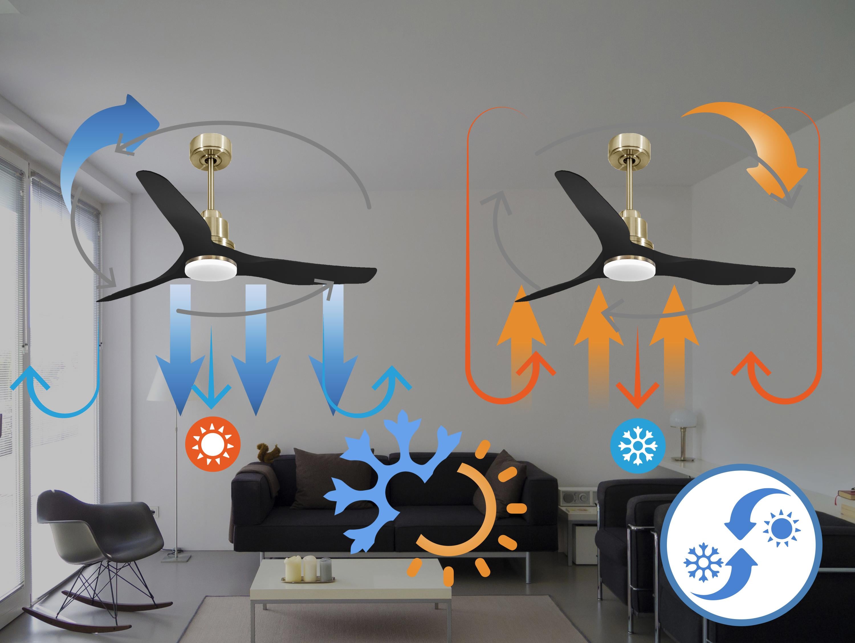 Ventilatore da soffitto Reversibile Termostato Dimmabile Wifi Motore CC Tetti inclinati Telecomando Luce a tre toni Adattatore 2/3 lame Hypersilence Memoria