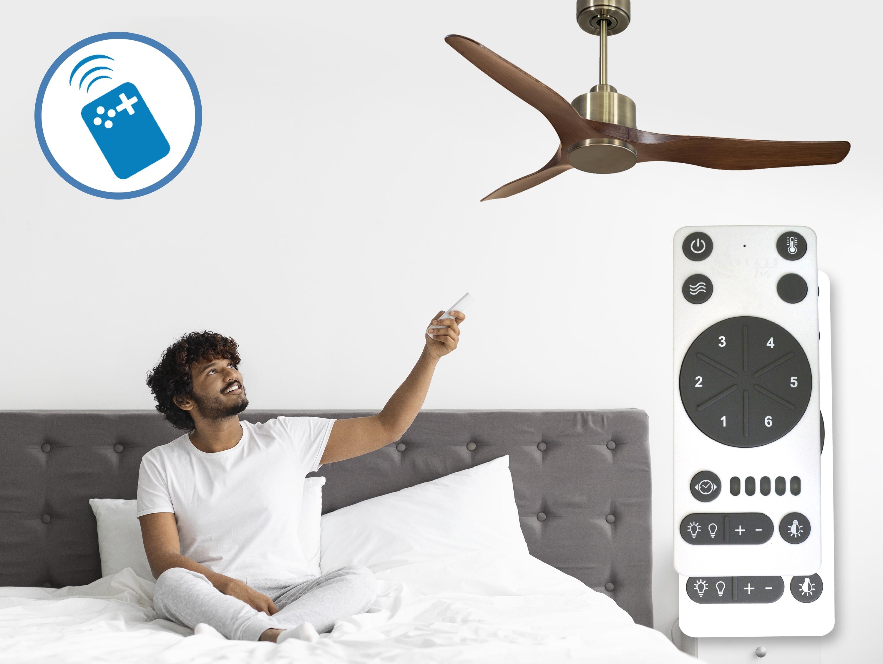 Ventilatore da soffitto Reversibile Termostato Wifi Motore CC Tetti inclinati Telecomando Adattatore 2/3 lame Hypersilence Memoria