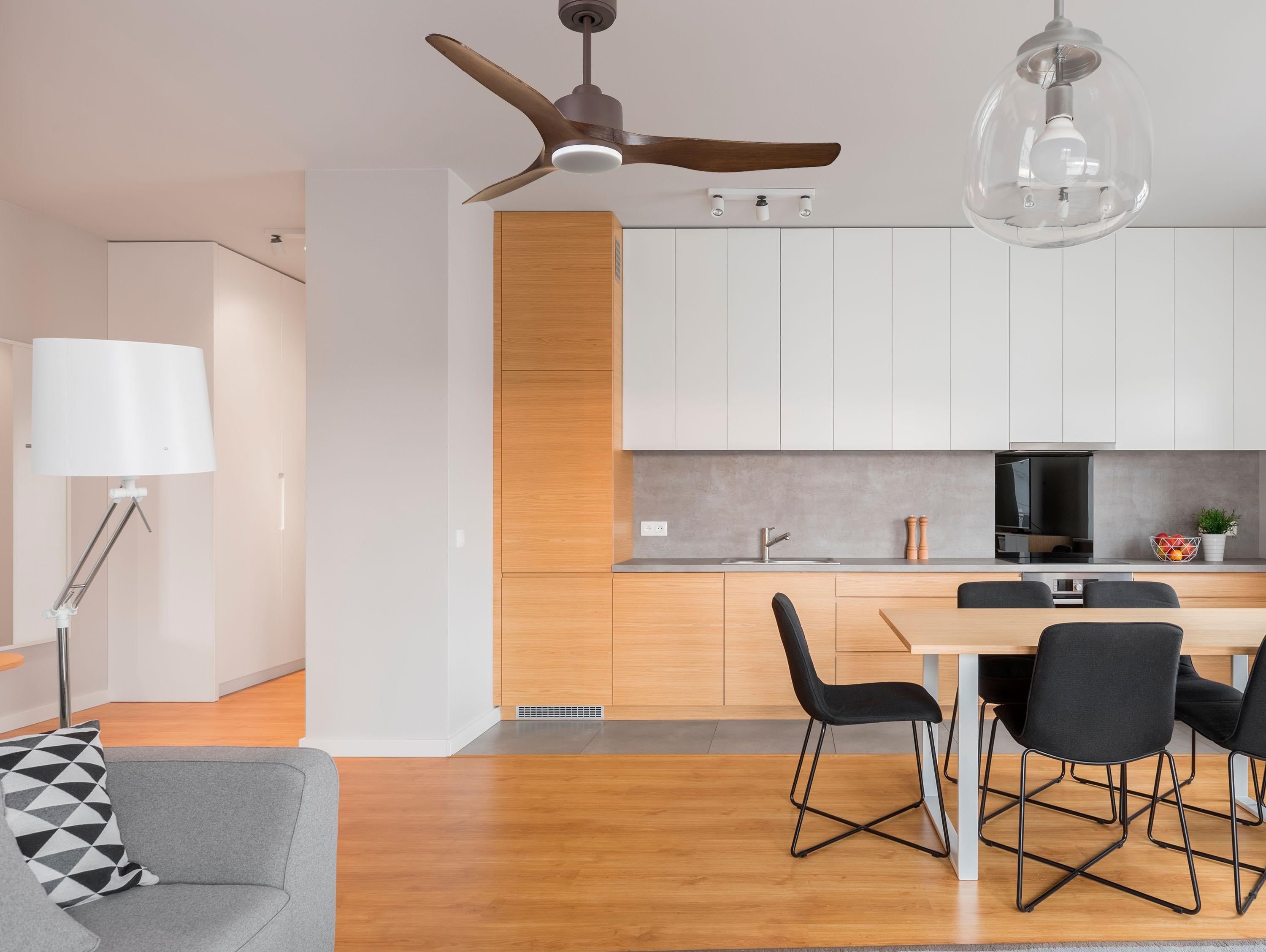 Ventilatore da soffitto Reversibile Termostato Dimmabile Wifi Motore CC Tetti inclinati Telecomando Luce a tre toni Adattatore 2/3 lame Hypersilence Memoria