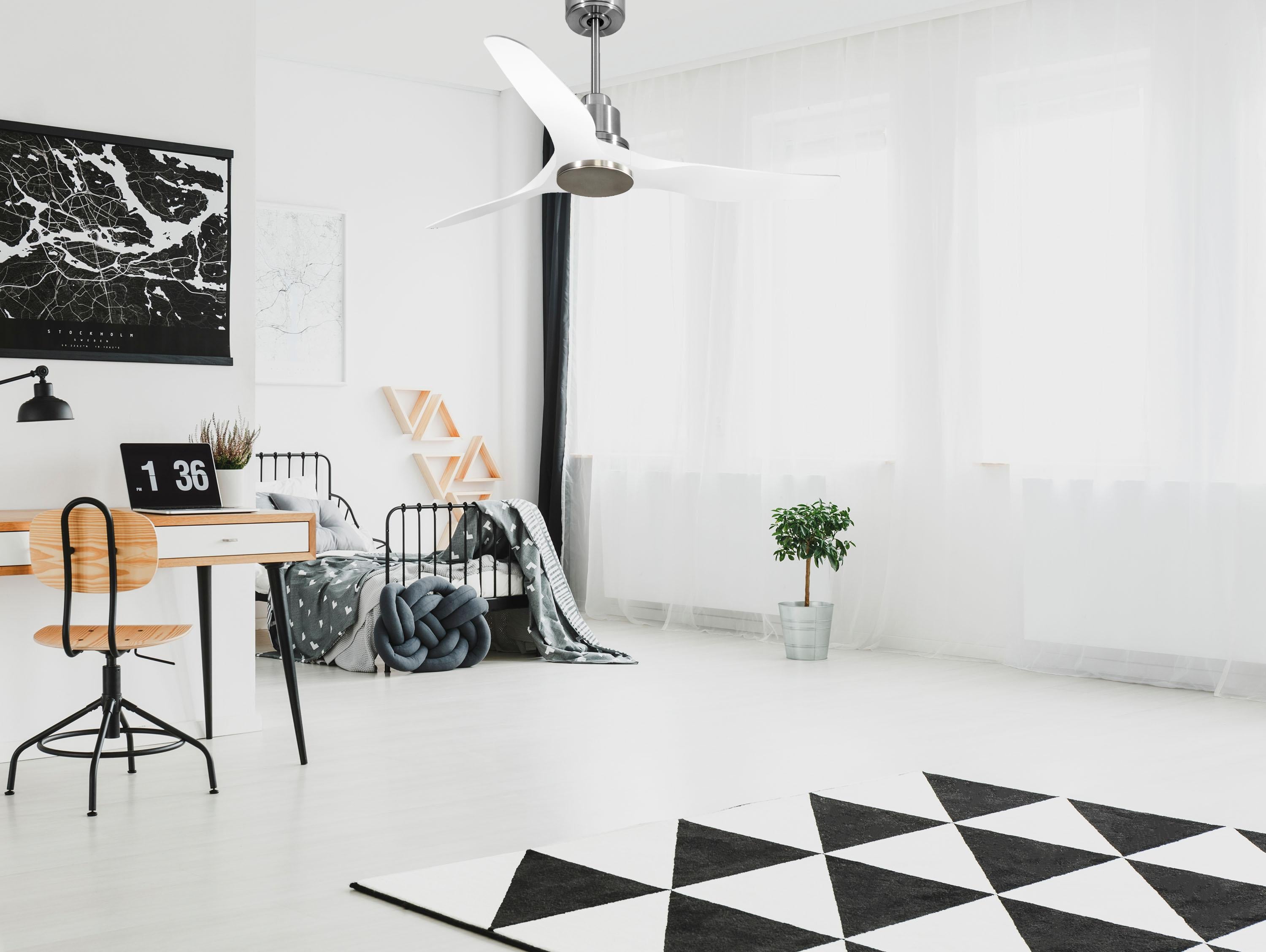 Ventilatore da soffitto Reversibile Termostato Wifi Motore CC Tetti inclinati Telecomando Adattatore 2/3 lame Hypersilence Memoria Shopify Vendible (AUTOMATICO)