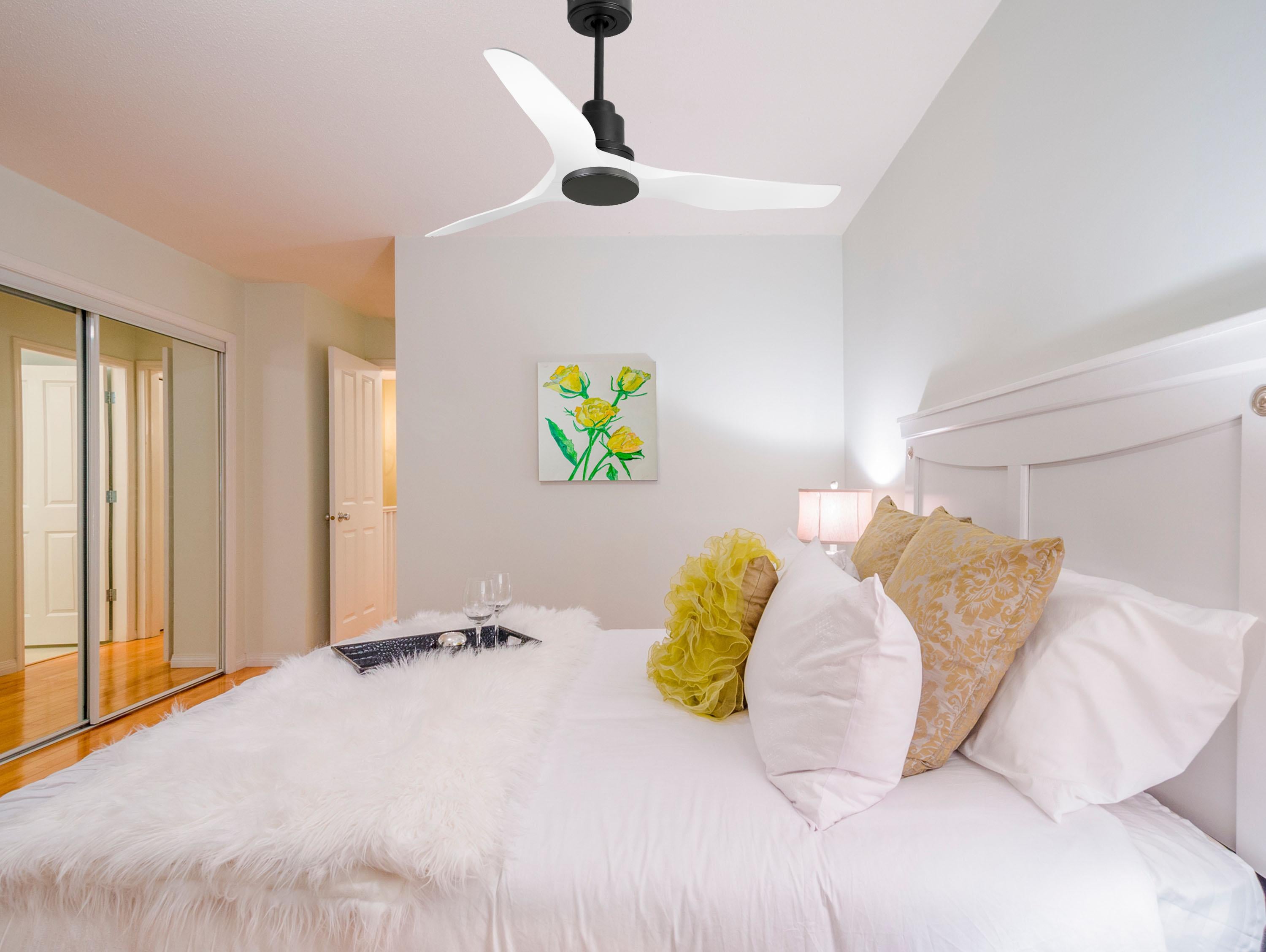 Ventilatore da soffitto Reversibile Termostato Wifi Motore CC Tetti inclinati Telecomando Adattatore 2/3 lame Hypersilence Memoria Shopify Vendible (AUTOMATICO)