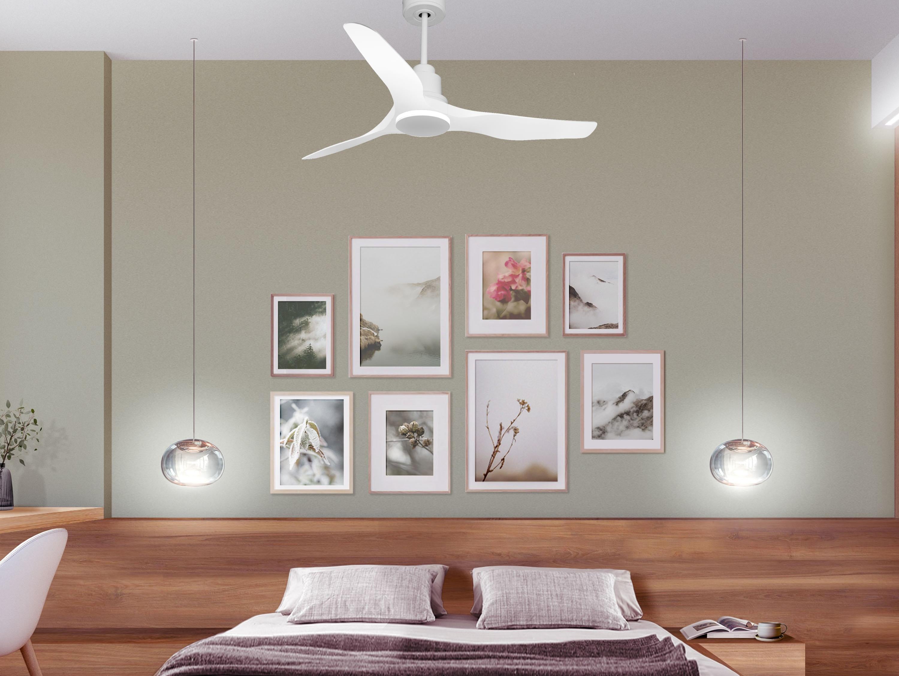 Ventilatore da soffitto Reversibile Termostato Paese vendibile Wifi Motore CC Tetti inclinati Telecomando Adattatore 2/3 lame Hypersilence Memoria