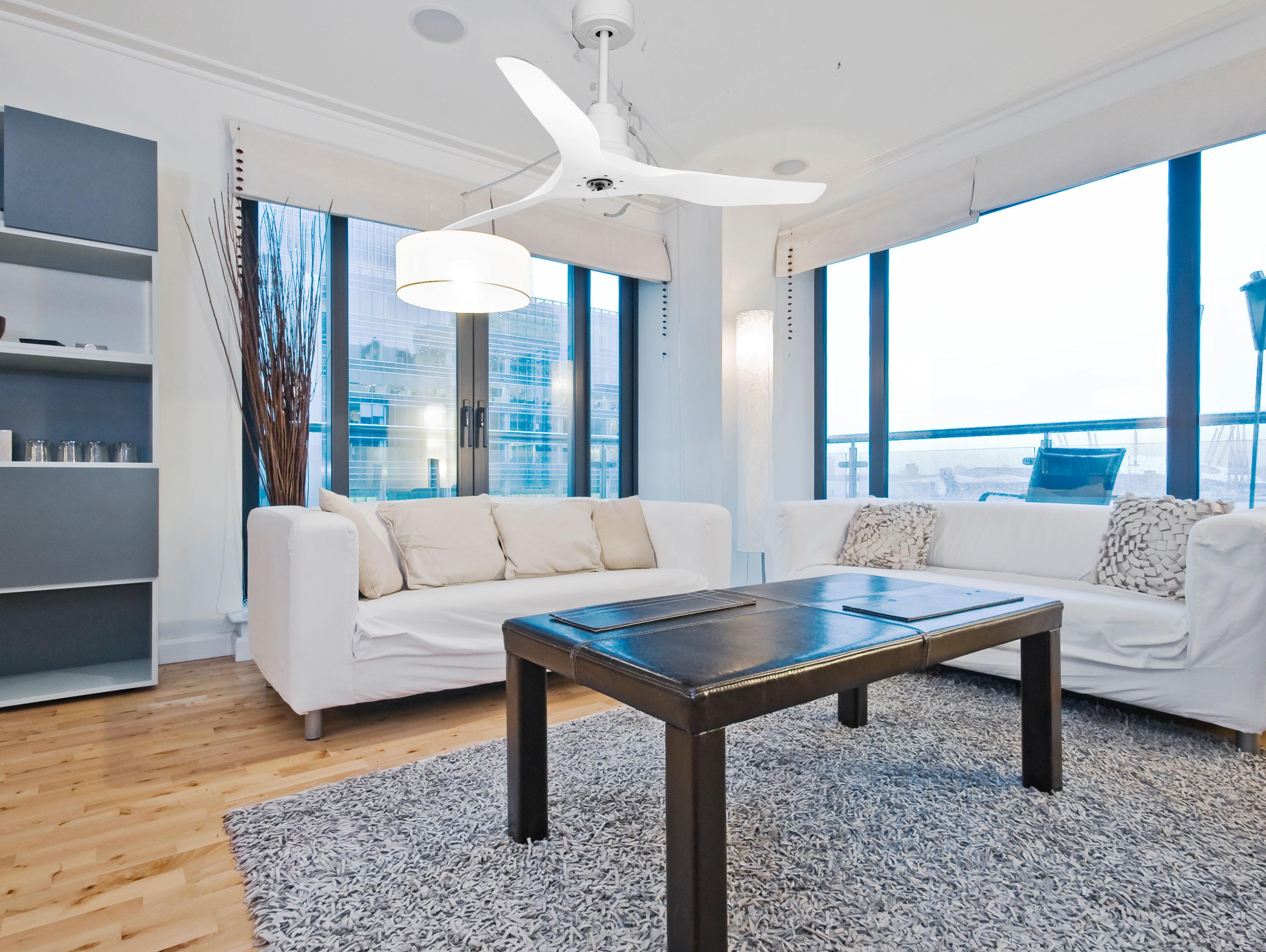 Ventilatore da soffitto Reversibile Termostato Dimmabile Wifi Motore CC Tetti inclinati Telecomando Luce a tre toni Adattatore 2/3 lame Hypersilence Memoria