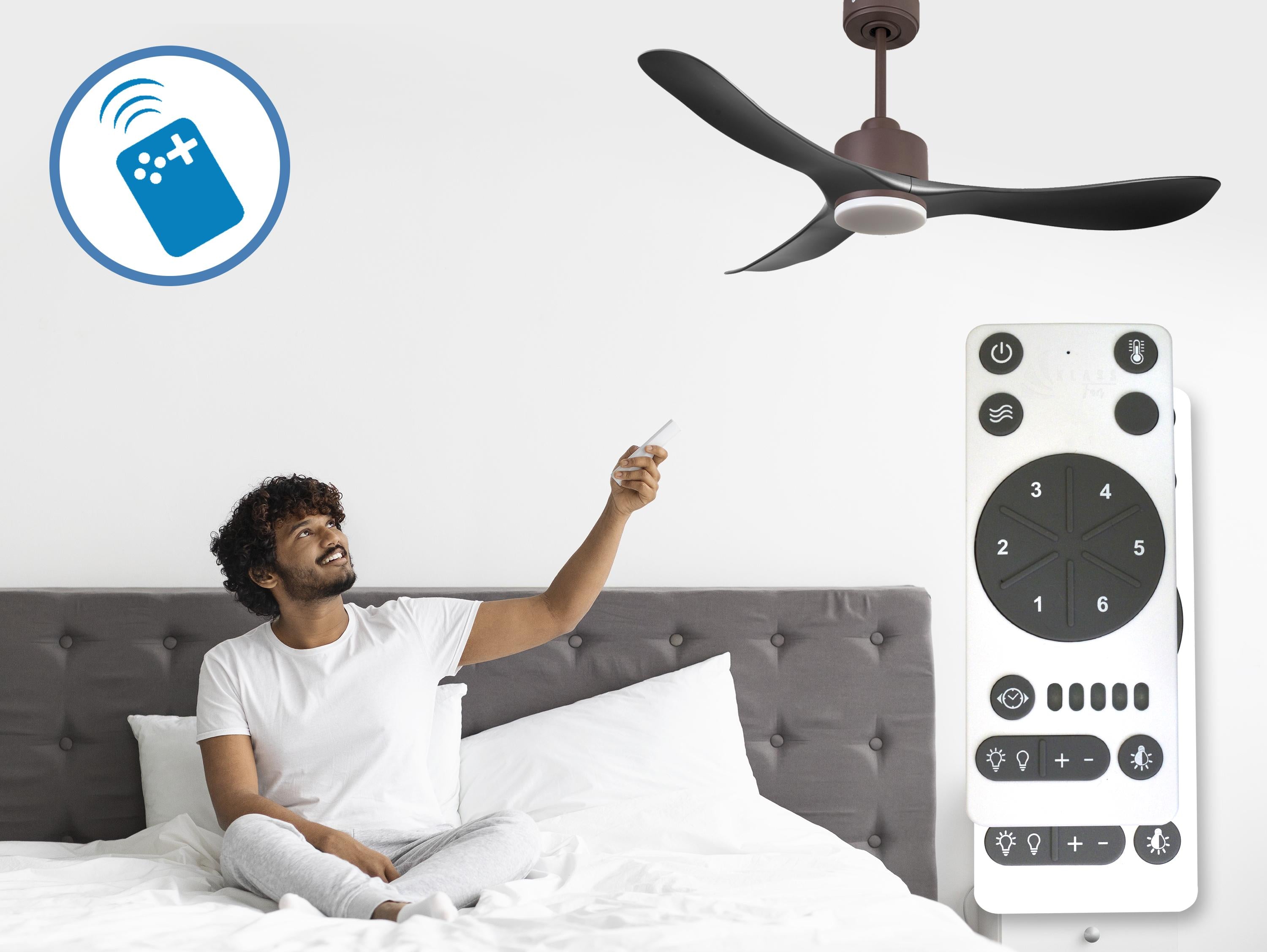 Ventilatore da soffitto Reversibile Termostato Dimmabile Wifi Motore CC Tetti inclinati Telecomando Luce a tre toni Hypersilence Memoria