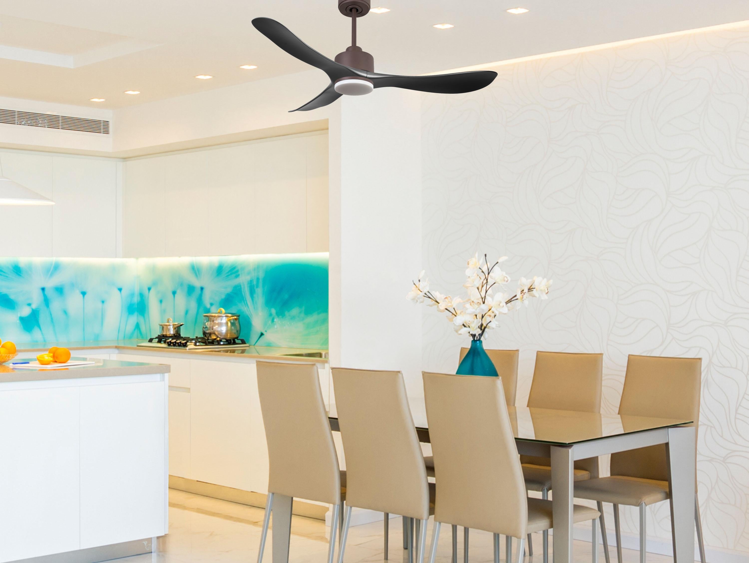Ventilatore da soffitto Reversibile Termostato Dimmabile Wifi Motore CC Tetti inclinati Telecomando Luce a tre toni Hypersilence Memoria