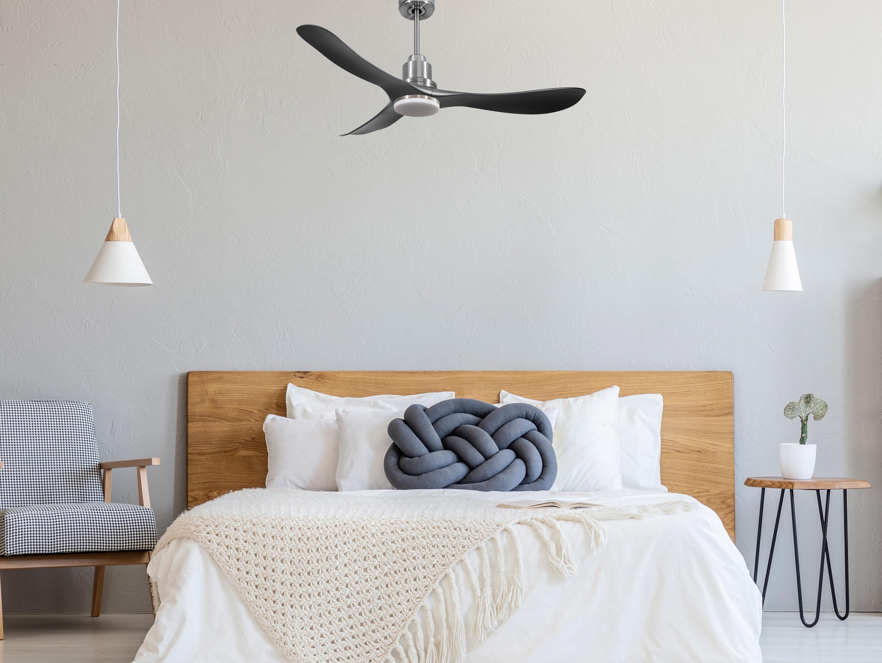 Ventilatore da soffitto Reversibile Termostato Dimmabile Wifi Motore CC Tetti inclinati Telecomando Luce a tre toni Hypersilence Memoria Shopify Vendible (AUTOMATICO)