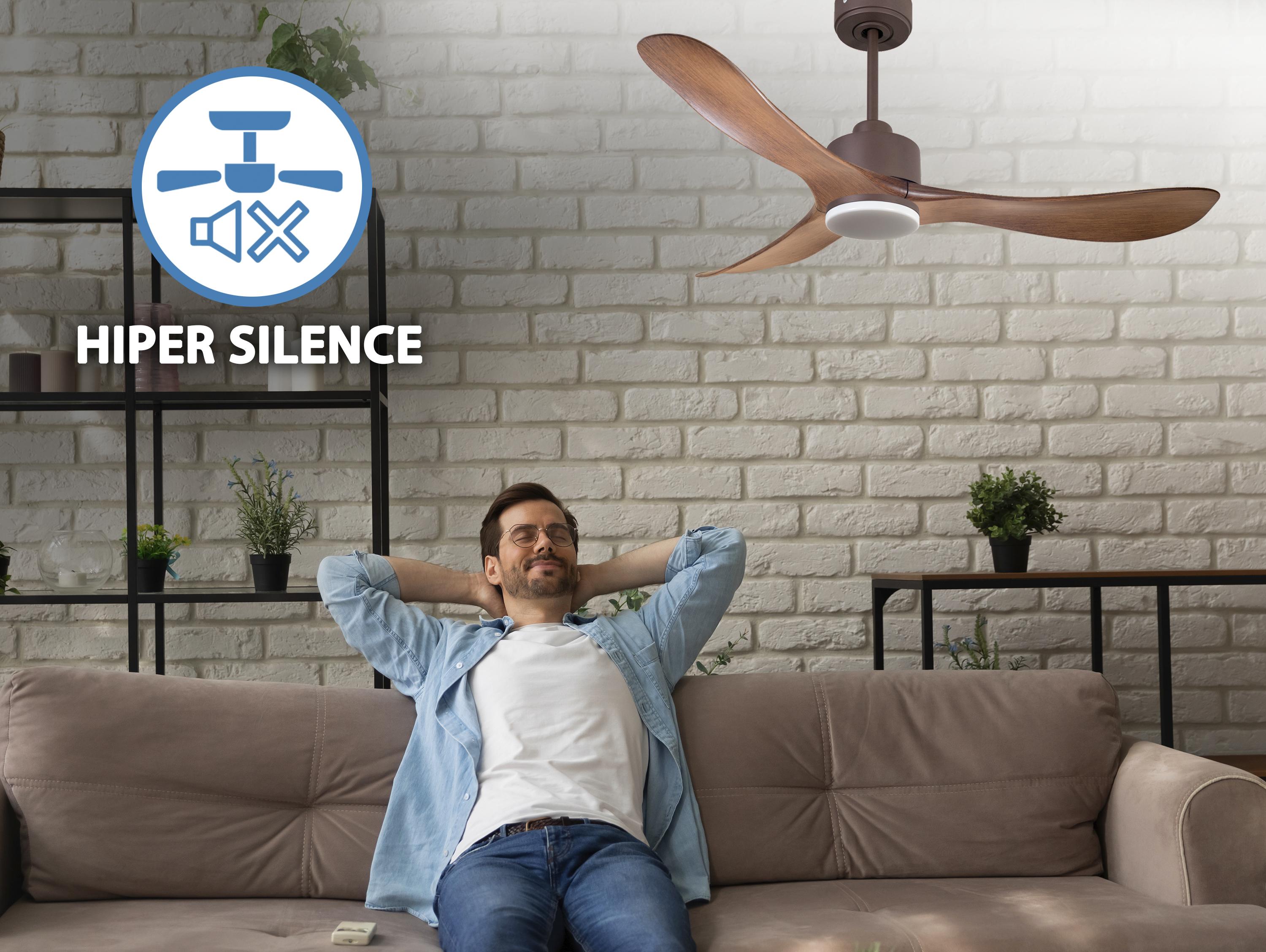 Ventilatore da soffitto Reversibile Termostato Dimmabile Wifi Motore CC Tetti inclinati Telecomando Luce a tre toni Hypersilence Memoria