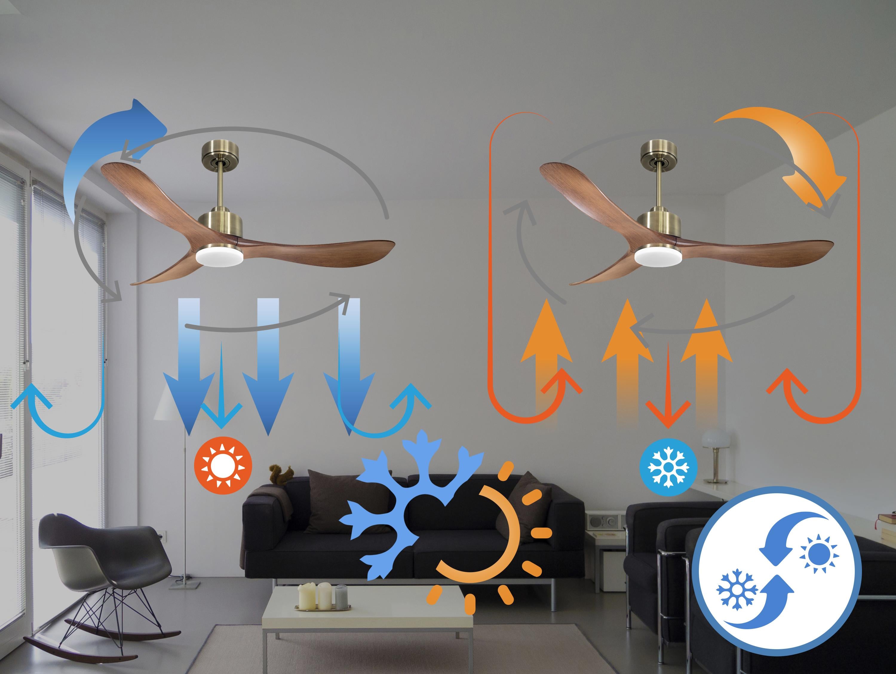Ventilatore da soffitto Reversibile Termostato Dimmabile Wifi Motore CC Tetti inclinati Telecomando Luce a tre toni Hypersilence Memoria