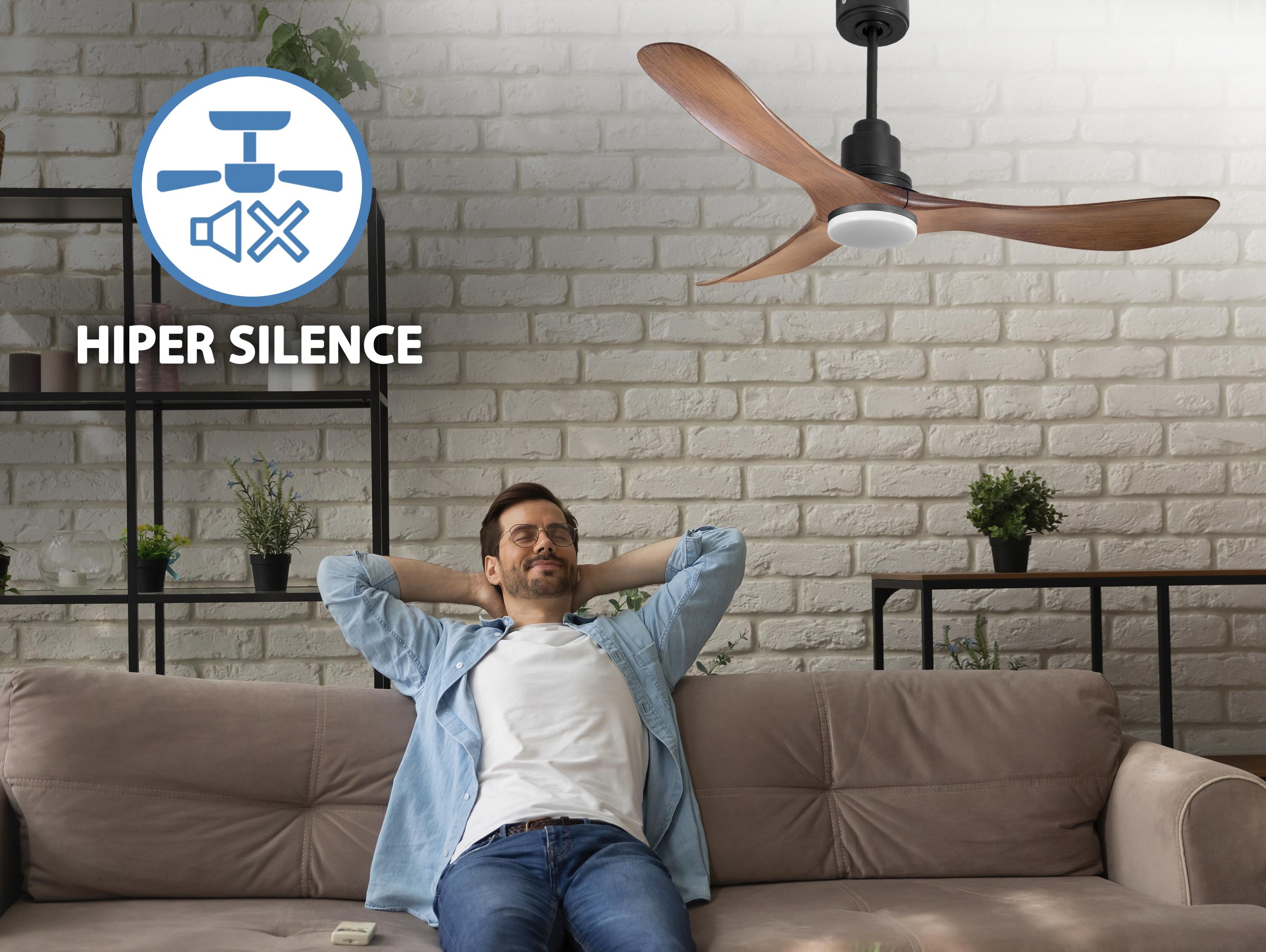 Ventilatore da soffitto Reversibile Termostato Dimmabile Wifi Motore CC Tetti inclinati Telecomando Luce a tre toni Hypersilence Memoria Shopify Vendible (AUTOMATICO)