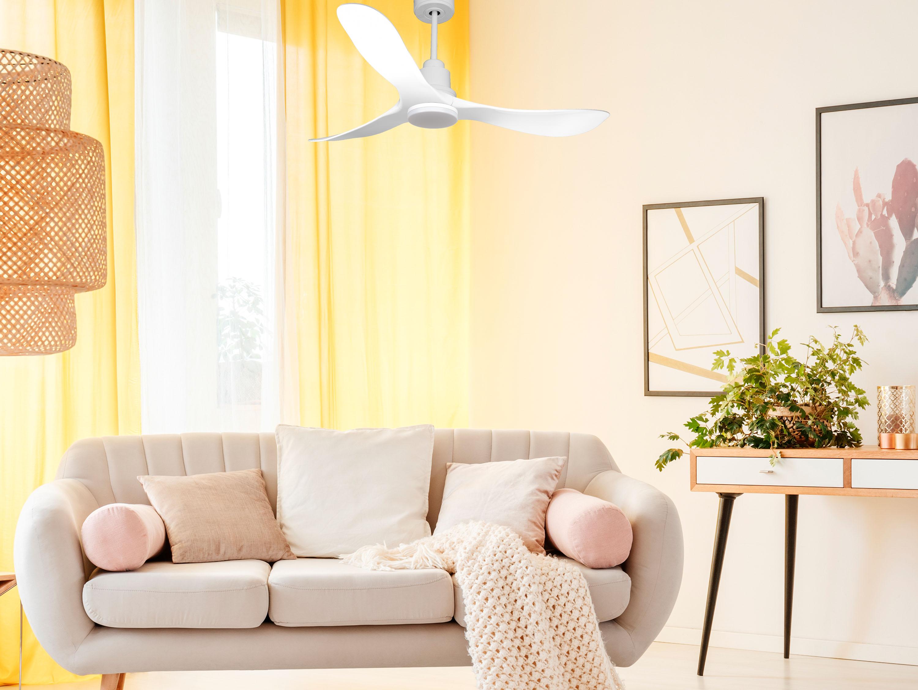 Ventilatore da soffitto Reversibile Termostato Dimmabile Wifi Motore CC Tetti inclinati Telecomando Luce a tre toni Hypersilence Memoria Shopify Vendible (AUTOMATICO)