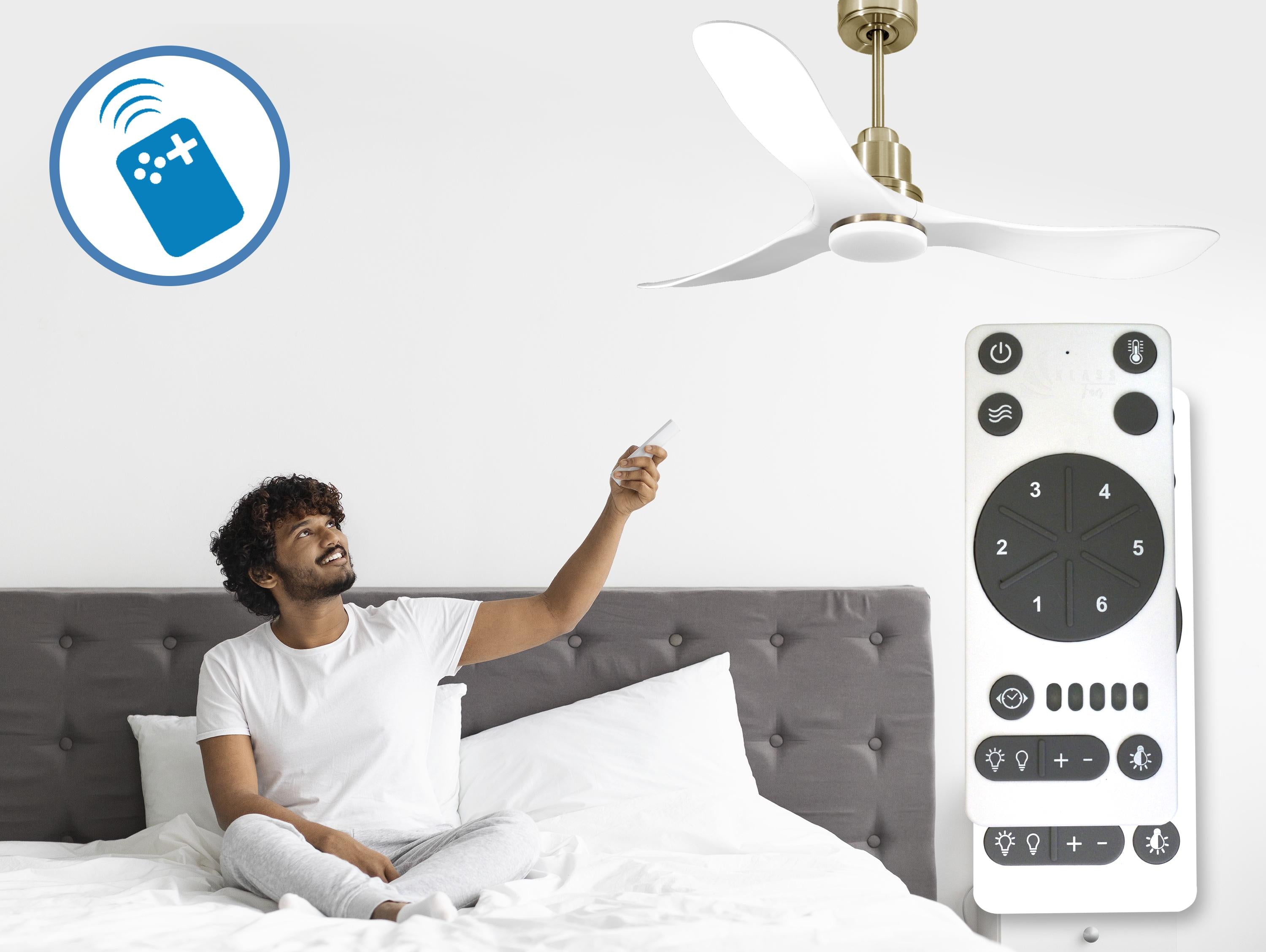 Ventilatore da soffitto Reversibile Termostato Dimmabile Wifi Motore CC Tetti inclinati Telecomando Luce a tre toni Hypersilence Memoria