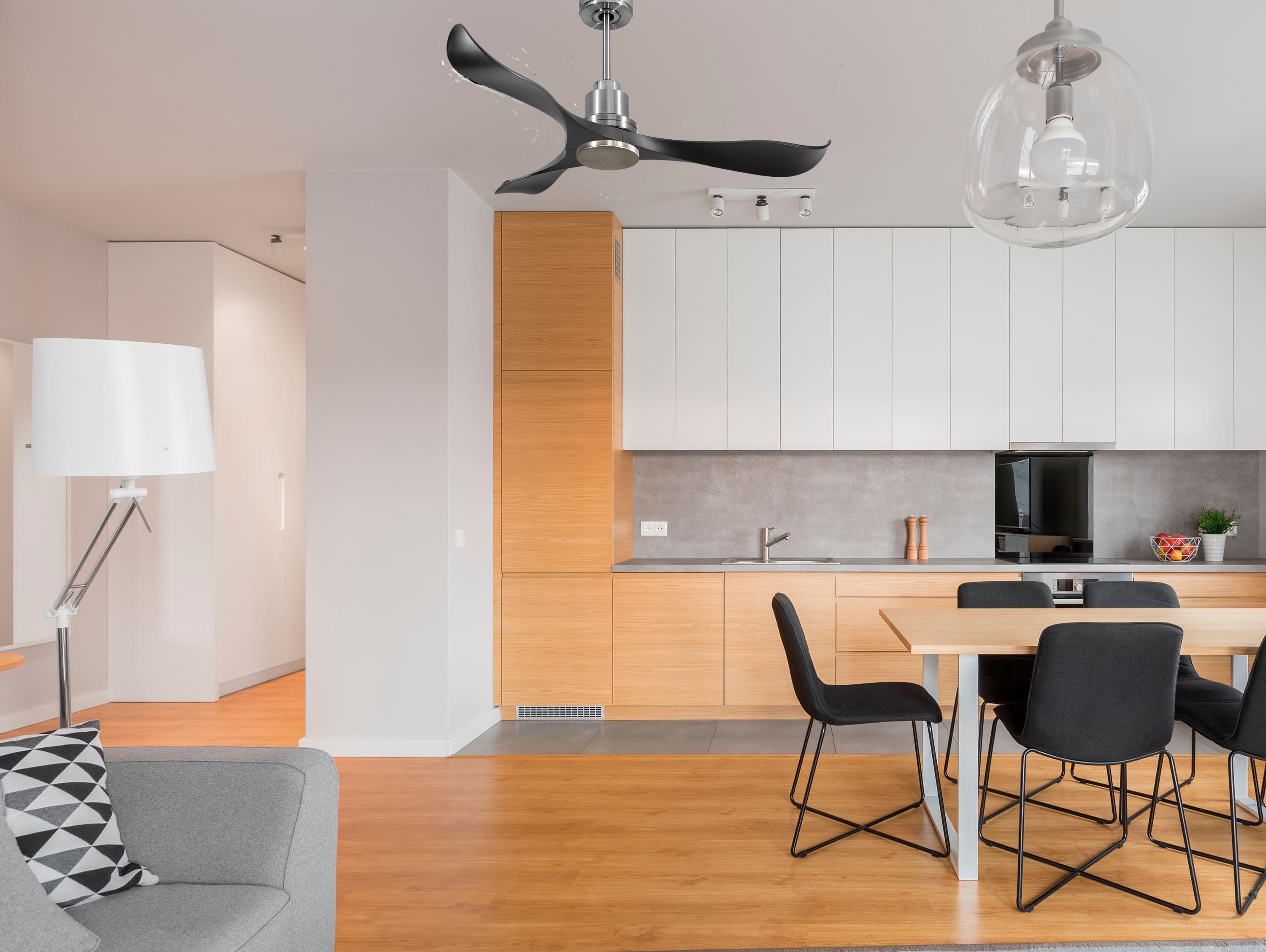 Ventilatore da soffitto Reversibile Termostato Wifi Motore CC Tetti inclinati Telecomando Adattatore 2/3 lame Hypersilence Memoria Shopify Vendible (AUTOMATICO)