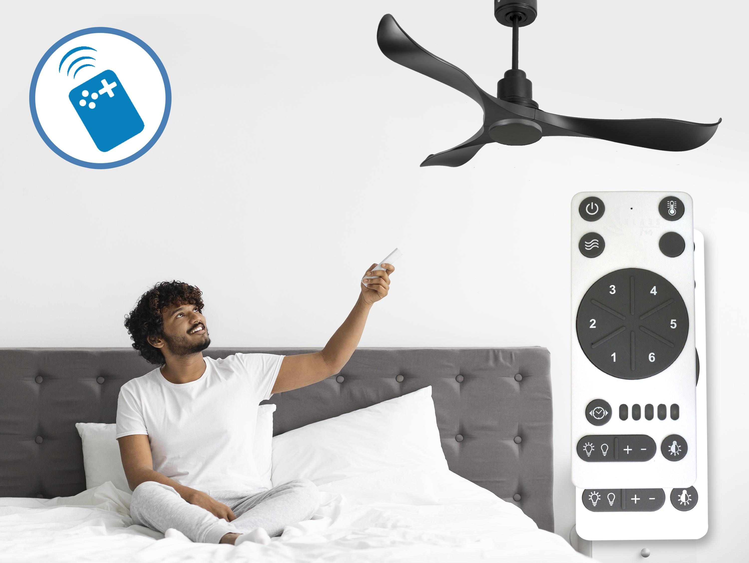 Ventilatore da soffitto Reversibile Termostato Wifi Motore CC Tetti inclinati Telecomando Adattatore 2/3 lame Hypersilence Memoria Shopify Vendible (AUTOMATICO)