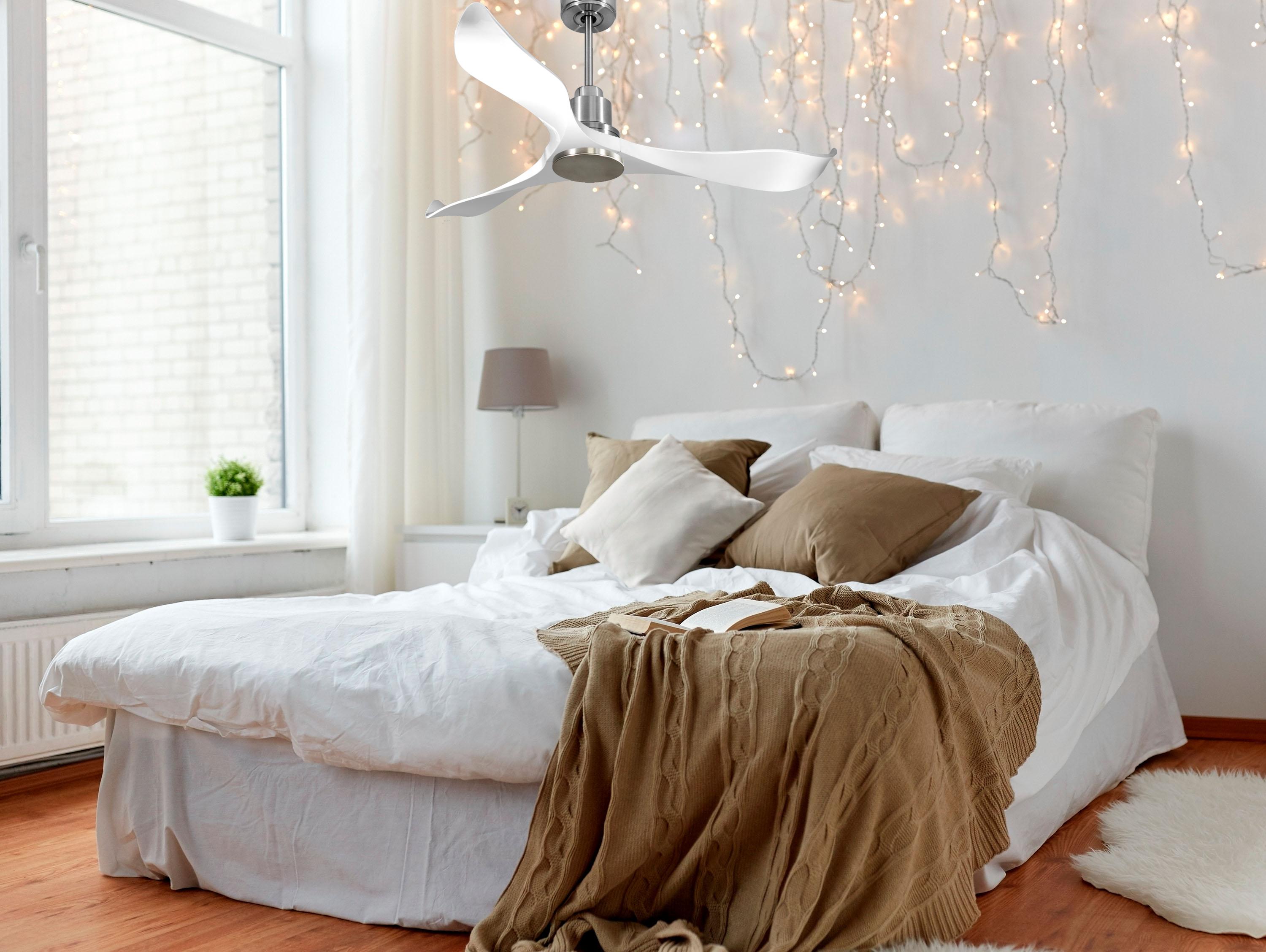 Ventilatore da soffitto Reversibile Termostato Wifi Motore CC Tetti inclinati Telecomando Adattatore 2/3 lame Hypersilence Memoria Shopify Vendible (AUTOMATICO)